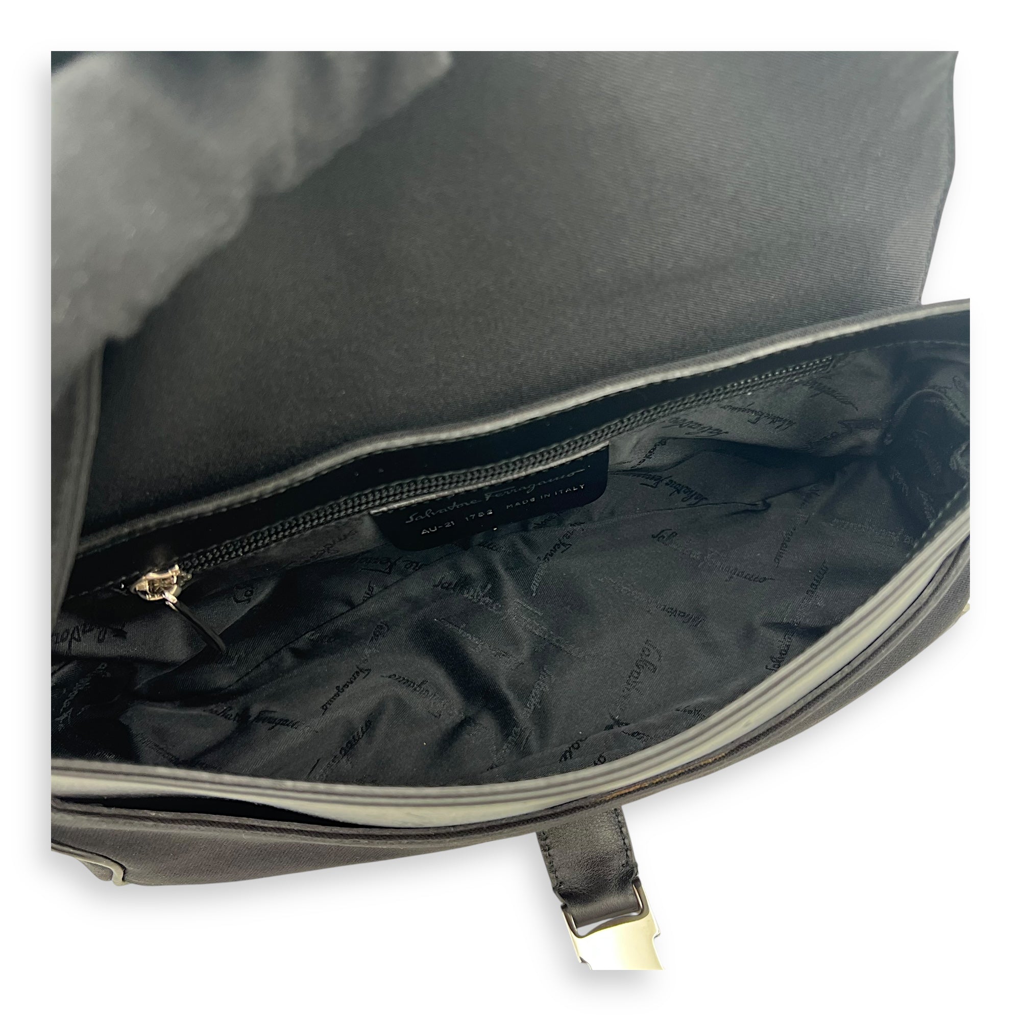 Salvatore Ferragamo Logo Shoulder Bag Black in Nylon, Silver hardware_6