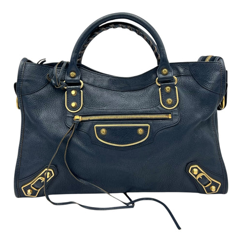Balenciaga City Top Handle Bag Blue in Distressed Leather, Gold hardware_1