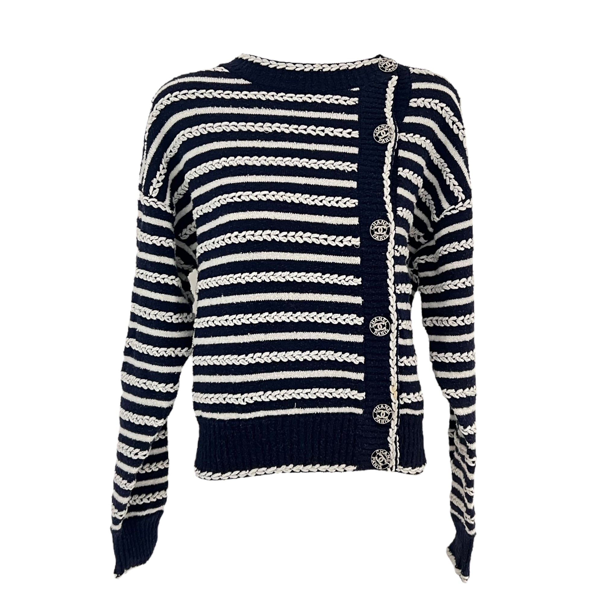 Chanel Navy and White Stripes Cardigan Ready-To-Wear FR34 Blue in Others, Silver hardware_1