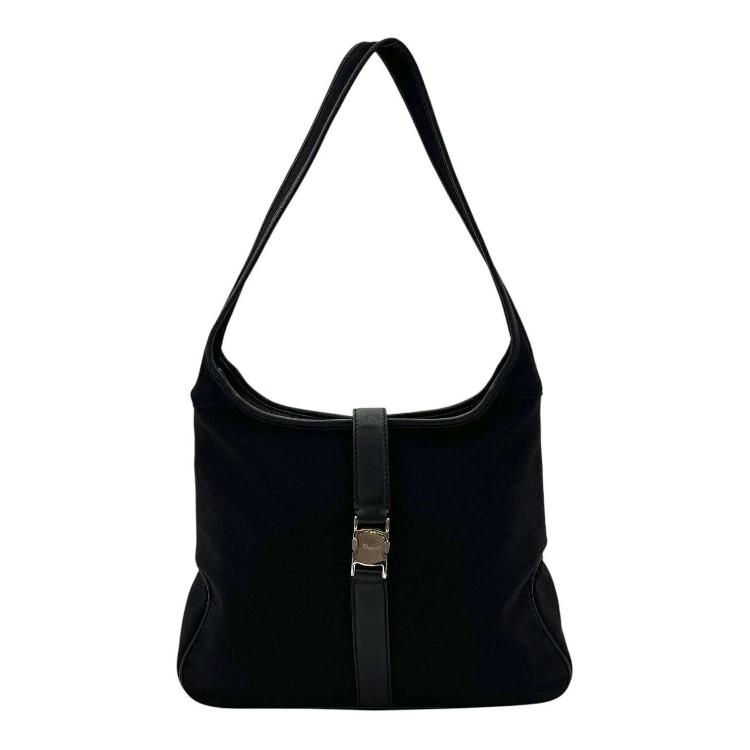 Salvatore Ferragamo Logo Shoulder Bag Black in Nylon, Silver hardware_1