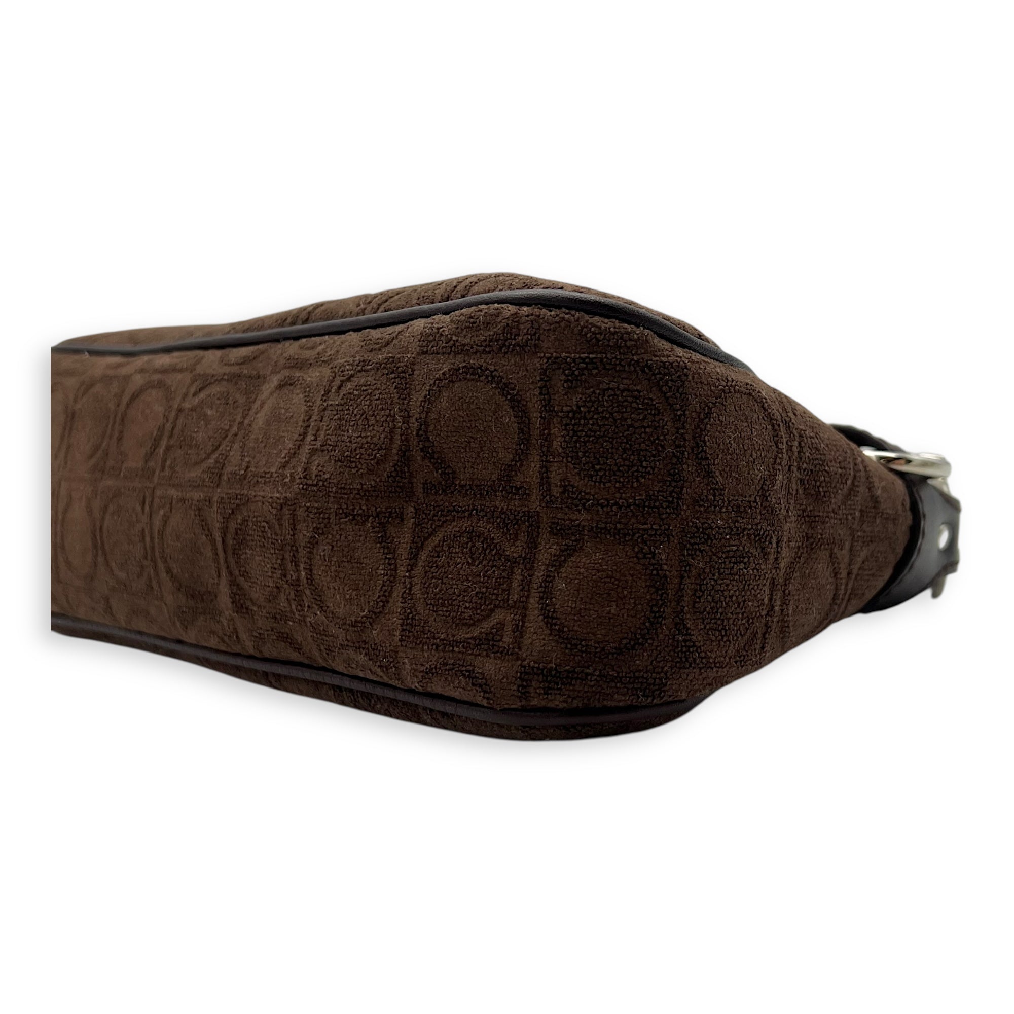 Salvatore Ferragamo Gancini Brown Shoulder Bag in Fabric, Silver hardware_10