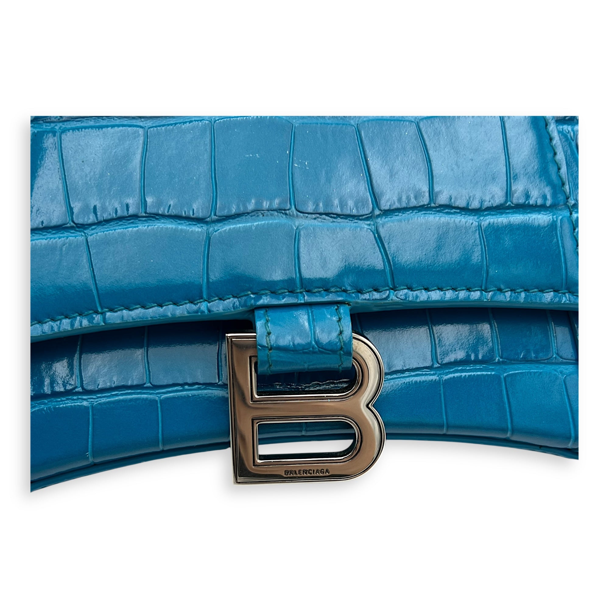 Balenciaga Hourglass Top Handle Bag Blue in Crocodile Embossed Calfskin, Silver hardware_11