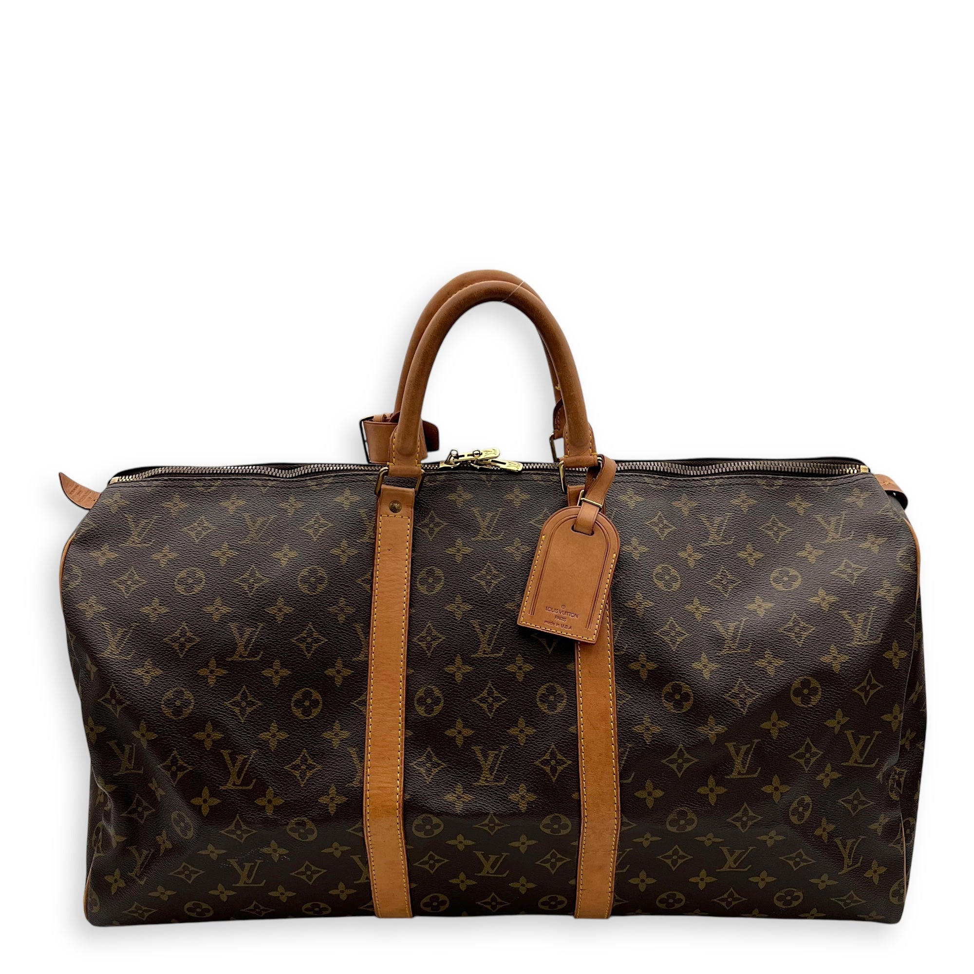 Louis Vuitton Keepall Top Handle Bag 55 Brown in Monogram Coated Canvas, Gold hardware_1