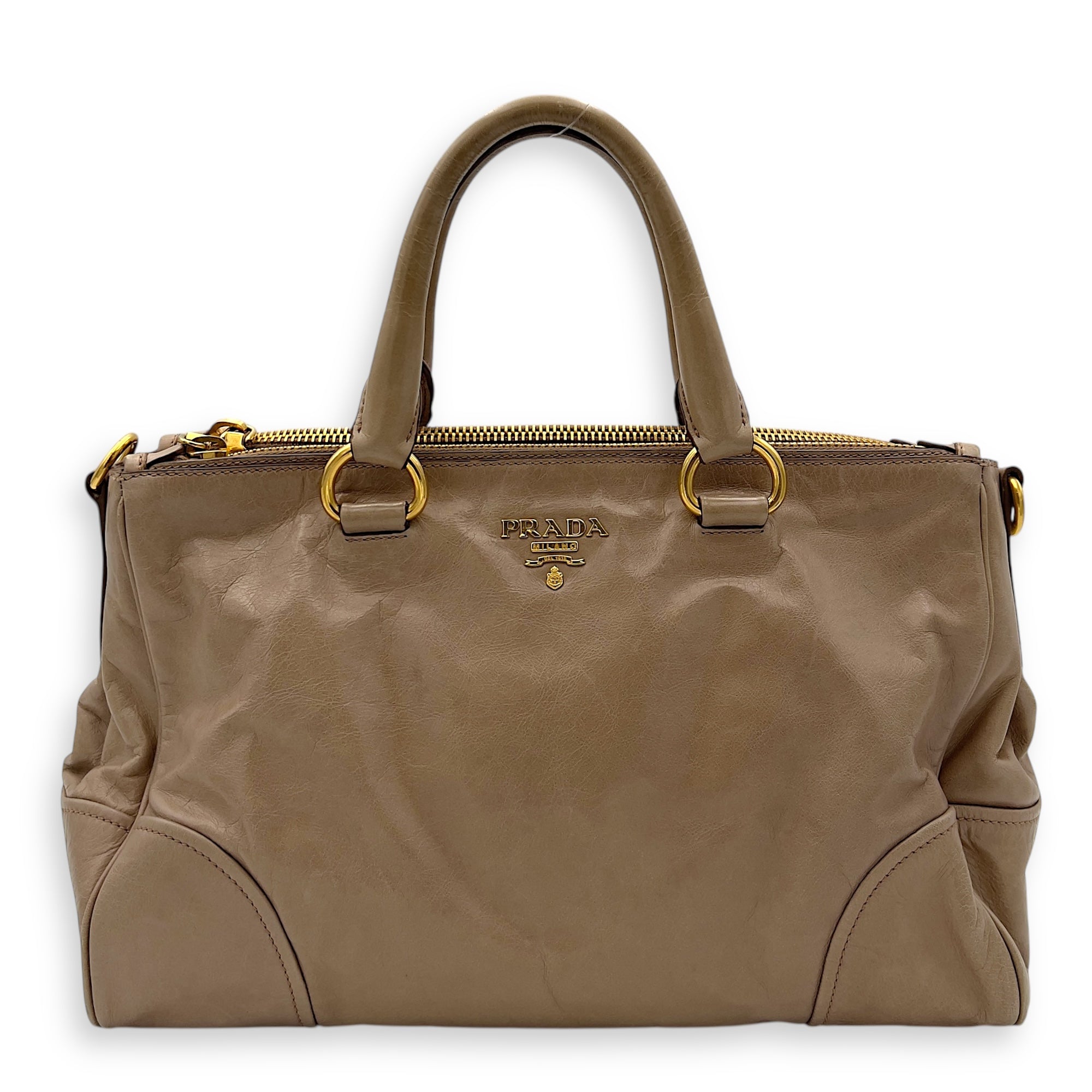 Prada Logo Top Handle Bag Beige in Calfskin, Gold hardware_1