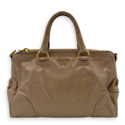 Prada Logo Top Handle Bag Beige in Calfskin, Gold hardware_1