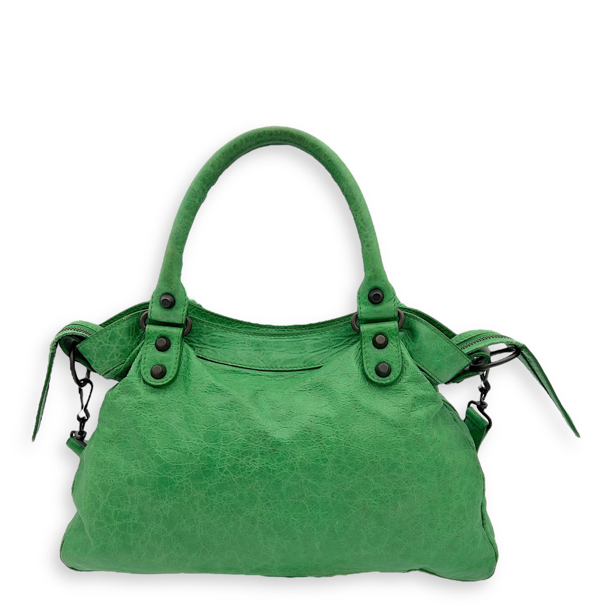 Balenciaga Motorcycle Town Green Top Handle Bag in Distressed Leather, Gunmetal hardware_1