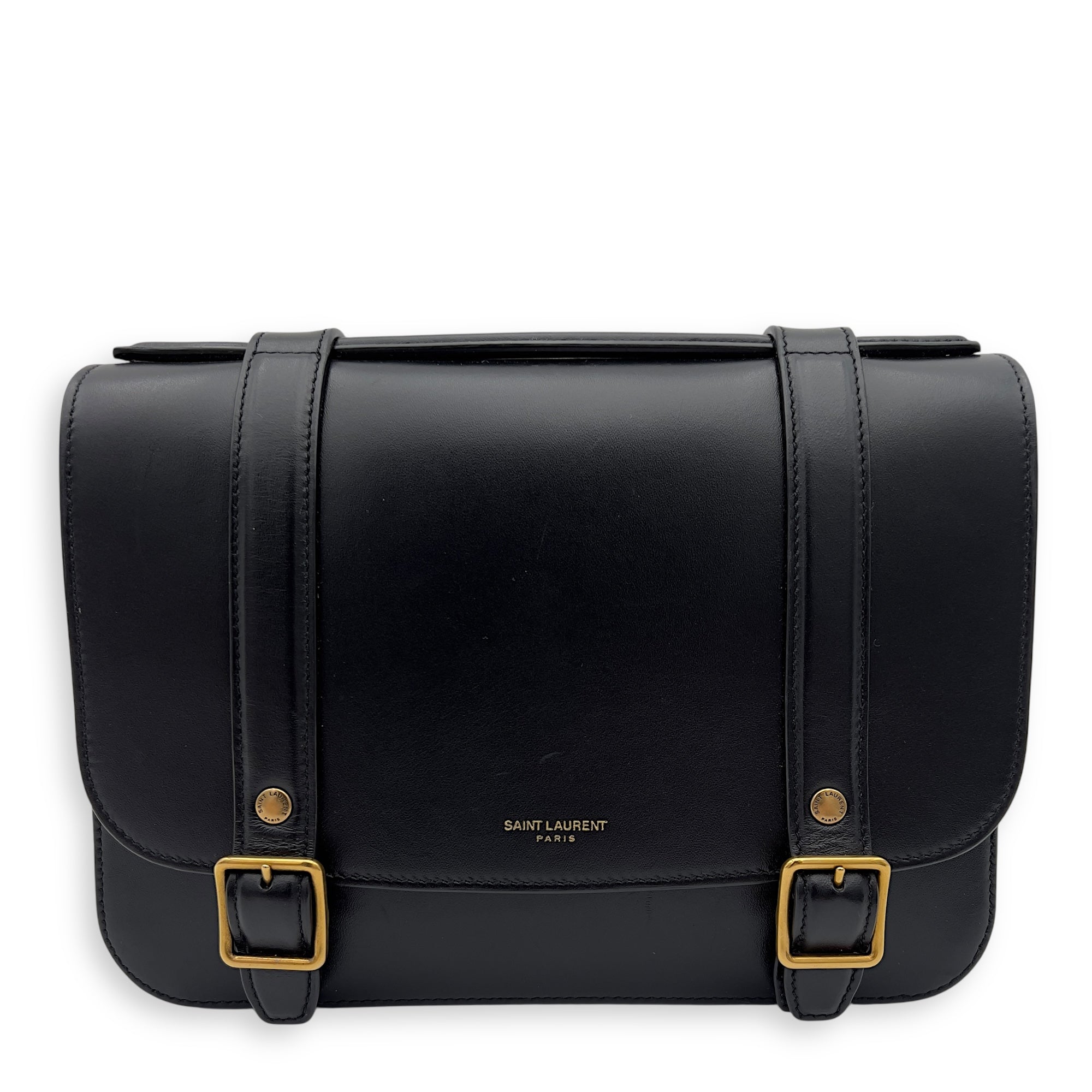 Saint Laurent Satchel Crossbody Bag Black in Calfskin, Gold hardware_1