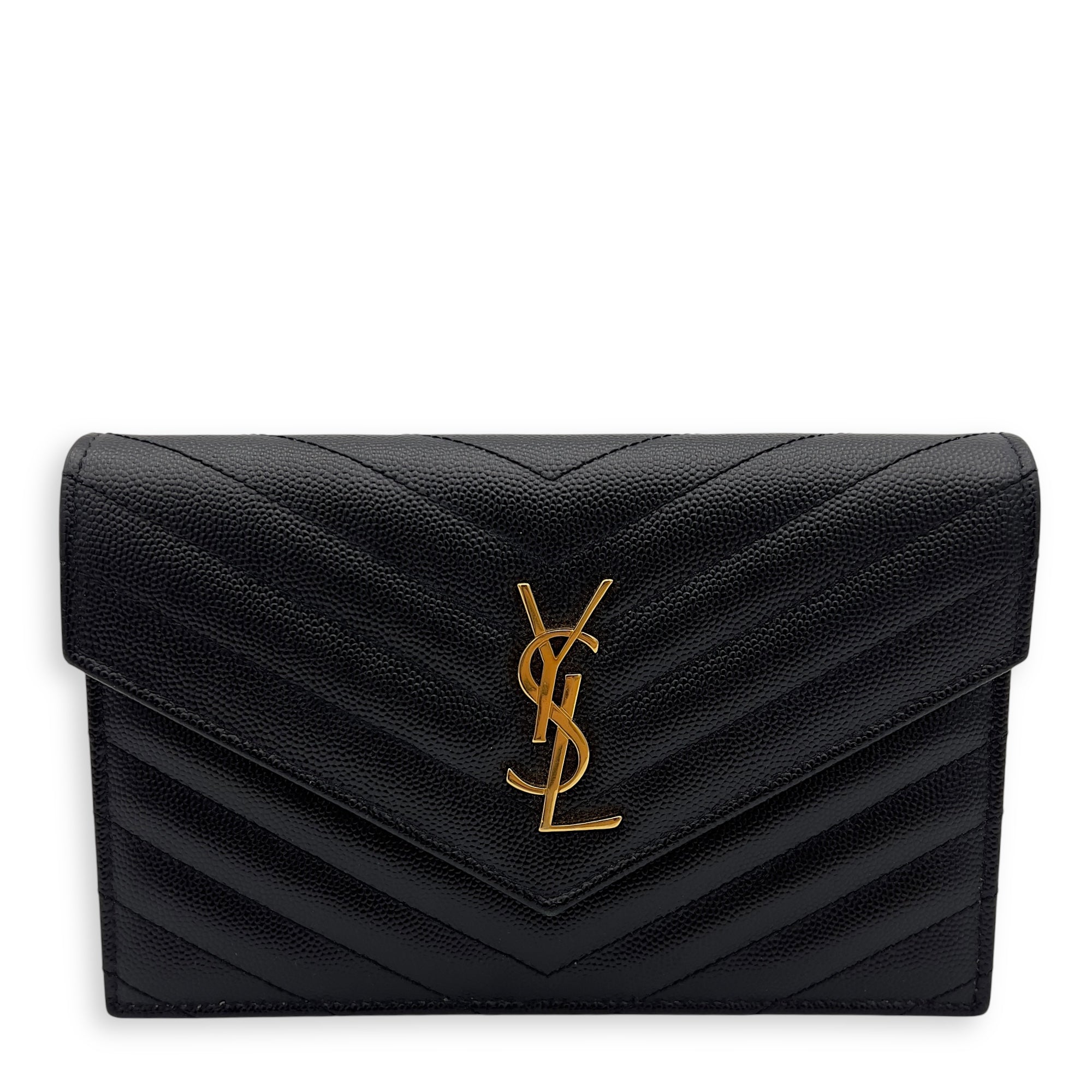 Saint Laurent Cassandra Wallet On Chain Black in Caviar Leather, Gold hardware_1