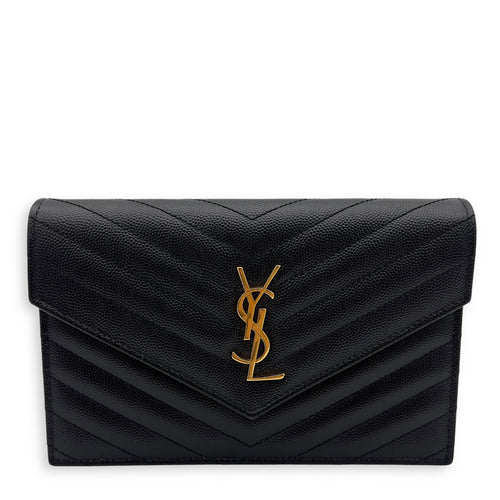 Saint Laurent Cassandra Wallet On Chain Black in Caviar Leather, Gold hardware_1