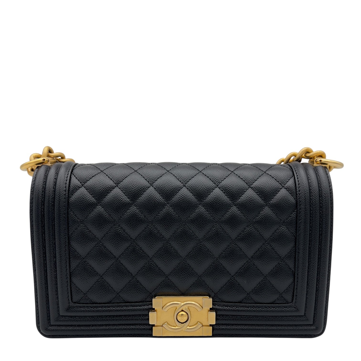 Chanel Boy Medium Black Shoulder Bag in Caviar Leather, Brushed Gold hardware_1