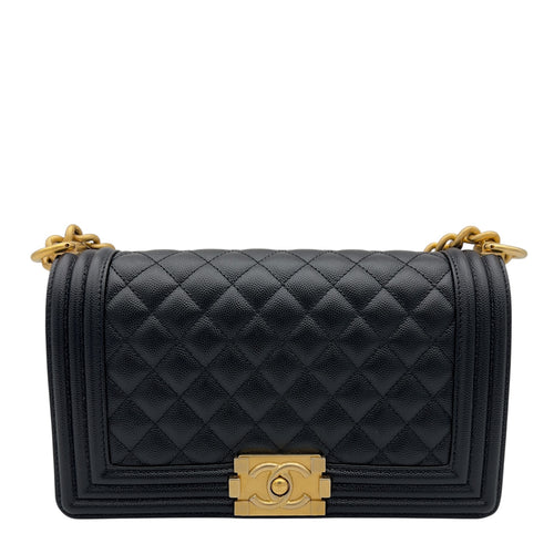 Chanel Boy Medium Black Shoulder Bag in Caviar Leather, Brushed Gold hardware_1