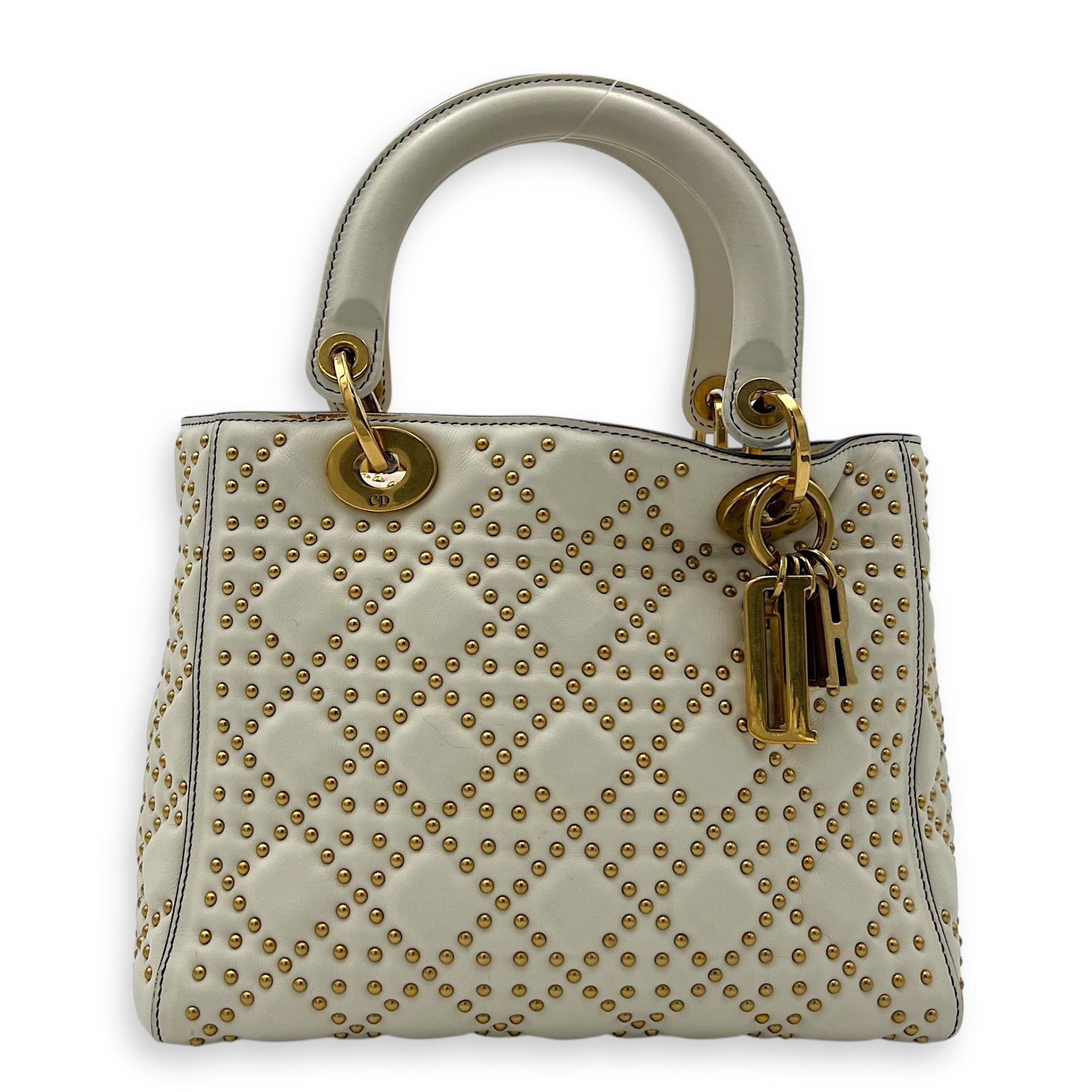 Christian Dior Lady Dior Top Handle Bag White in Calfskin, Gold hardware_1