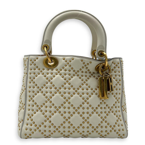 Christian Dior Lady Dior Top Handle Bag White in Calfskin, Gold hardware_1
