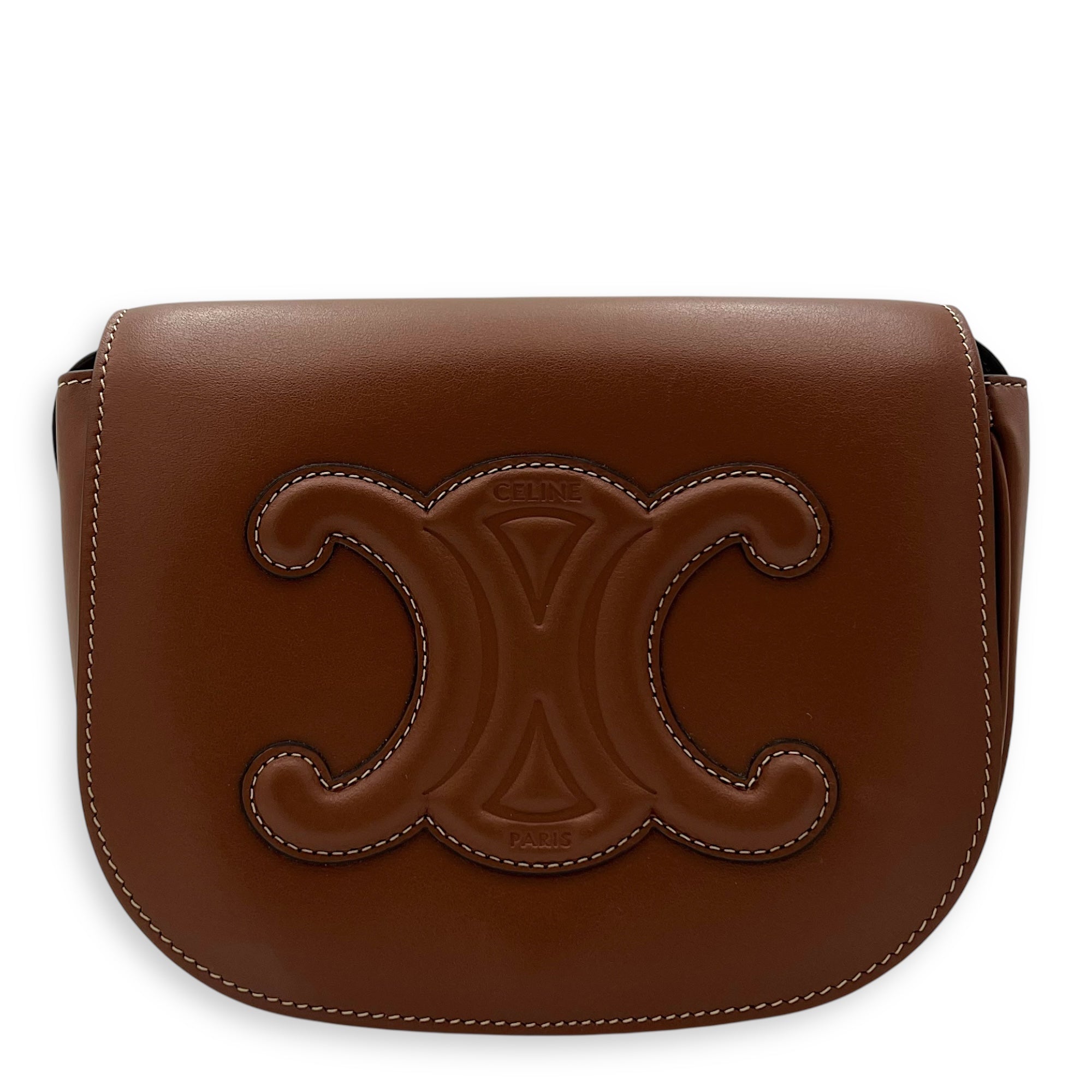 Celine Folco Crossbody Bag Brown in Calfskin, Gold hardware_1