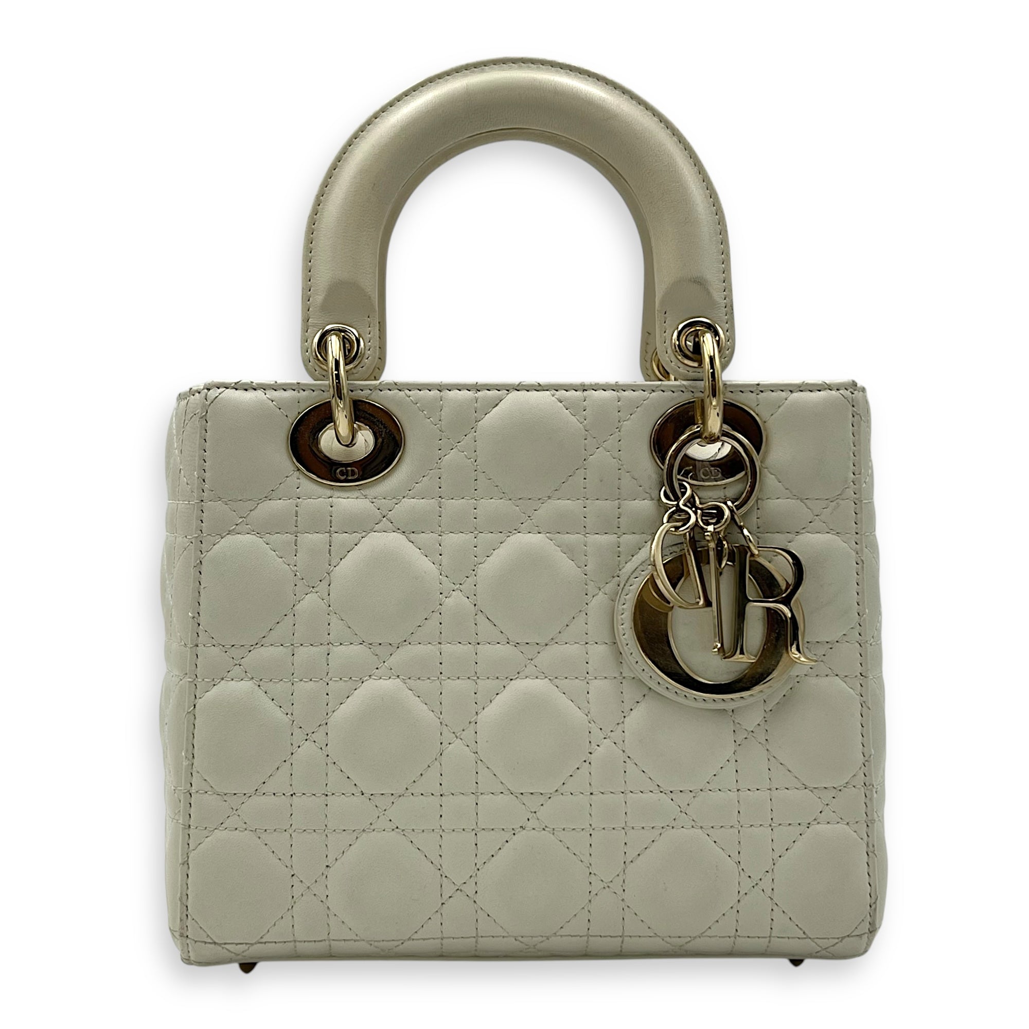 Christian Dior Lady Dior Small White Top Handle Bag in Lambskin, Gold hardware_1
