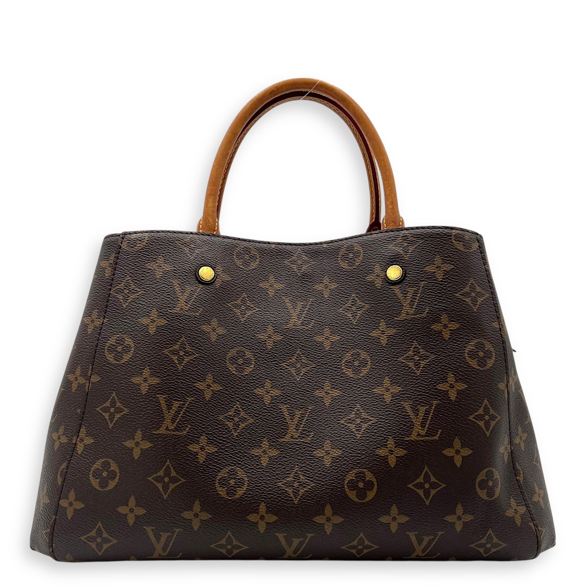 Louis Vuitton Montaigne MM Brown Top Handle Bag in Monogram Coated Canvas, Gold hardware_1