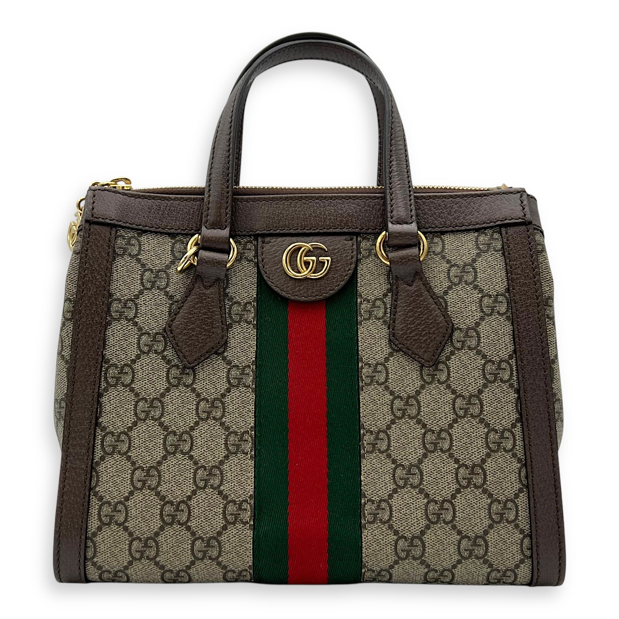 Gucci Ophidia Small Brown Top Handle Bag in Monogram Coated Canvas, Gold hardware_1