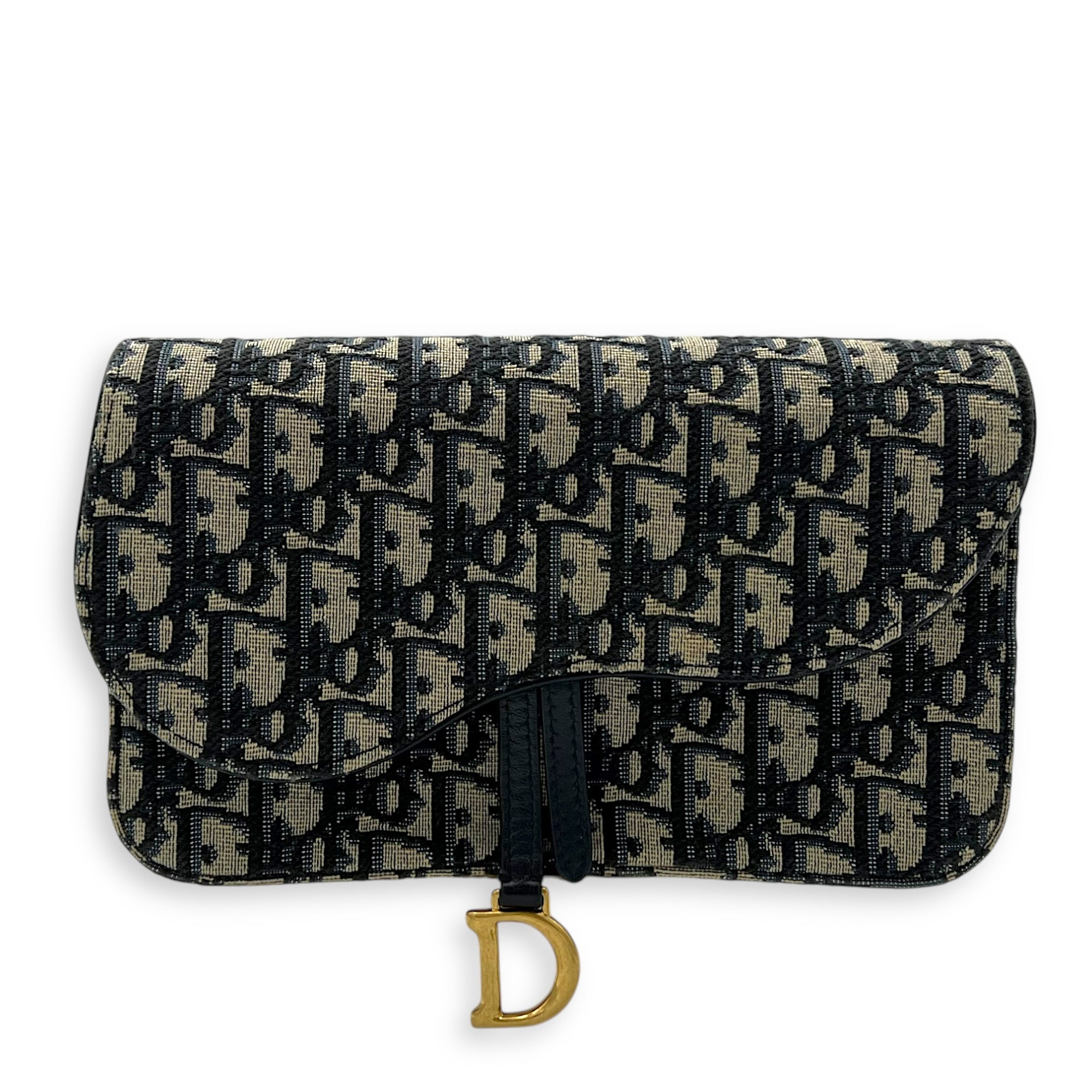 Christian Dior Saddle Wallet On Chain Blue in Jacquard, Gold hardware_1