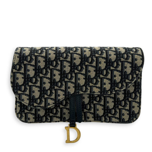 Christian Dior Saddle Wallet On Chain Blue in Jacquard, Gold hardware_1