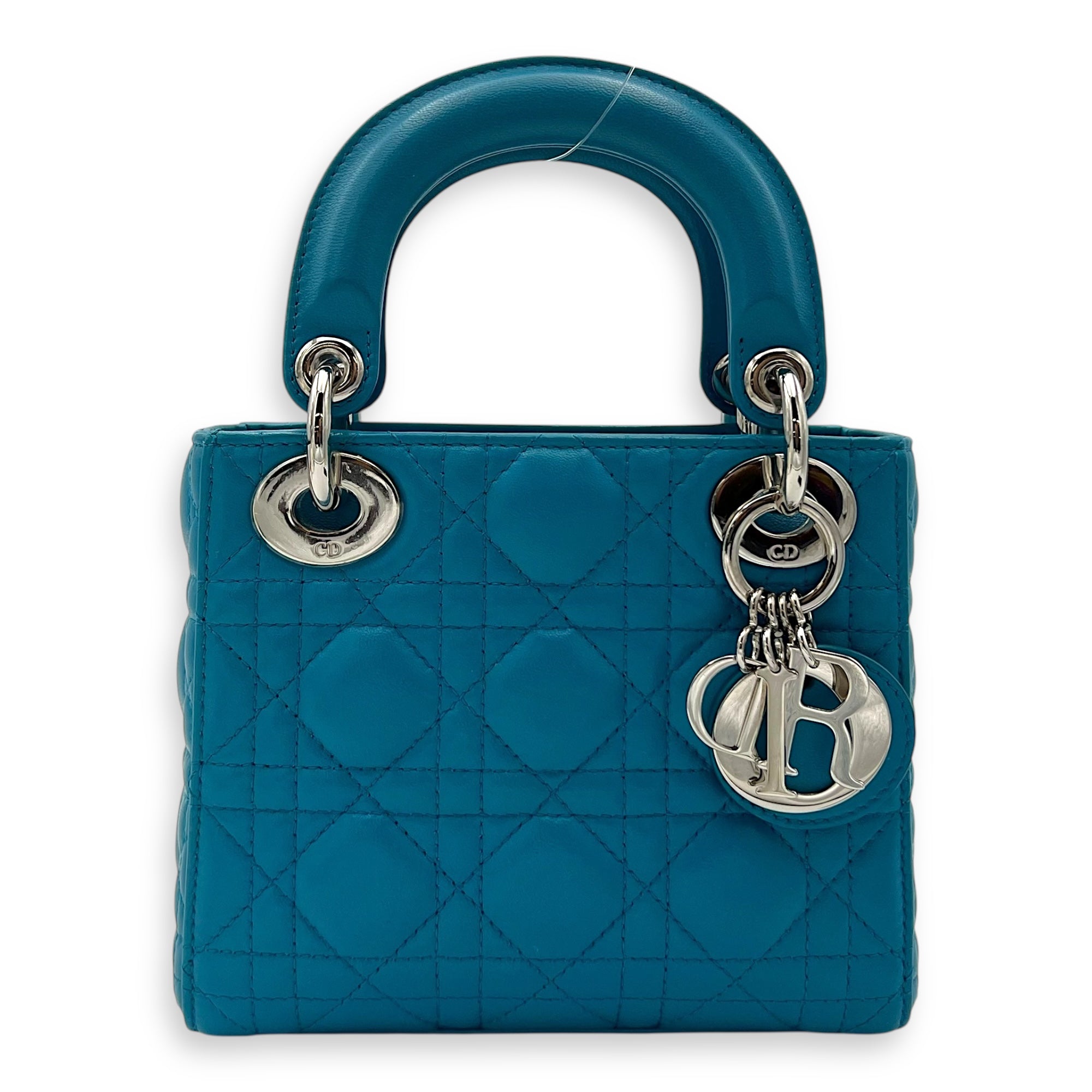Christian Dior Lady Dior Top Handle Bag Mini Blue in Lambskin, Silver hardware_1