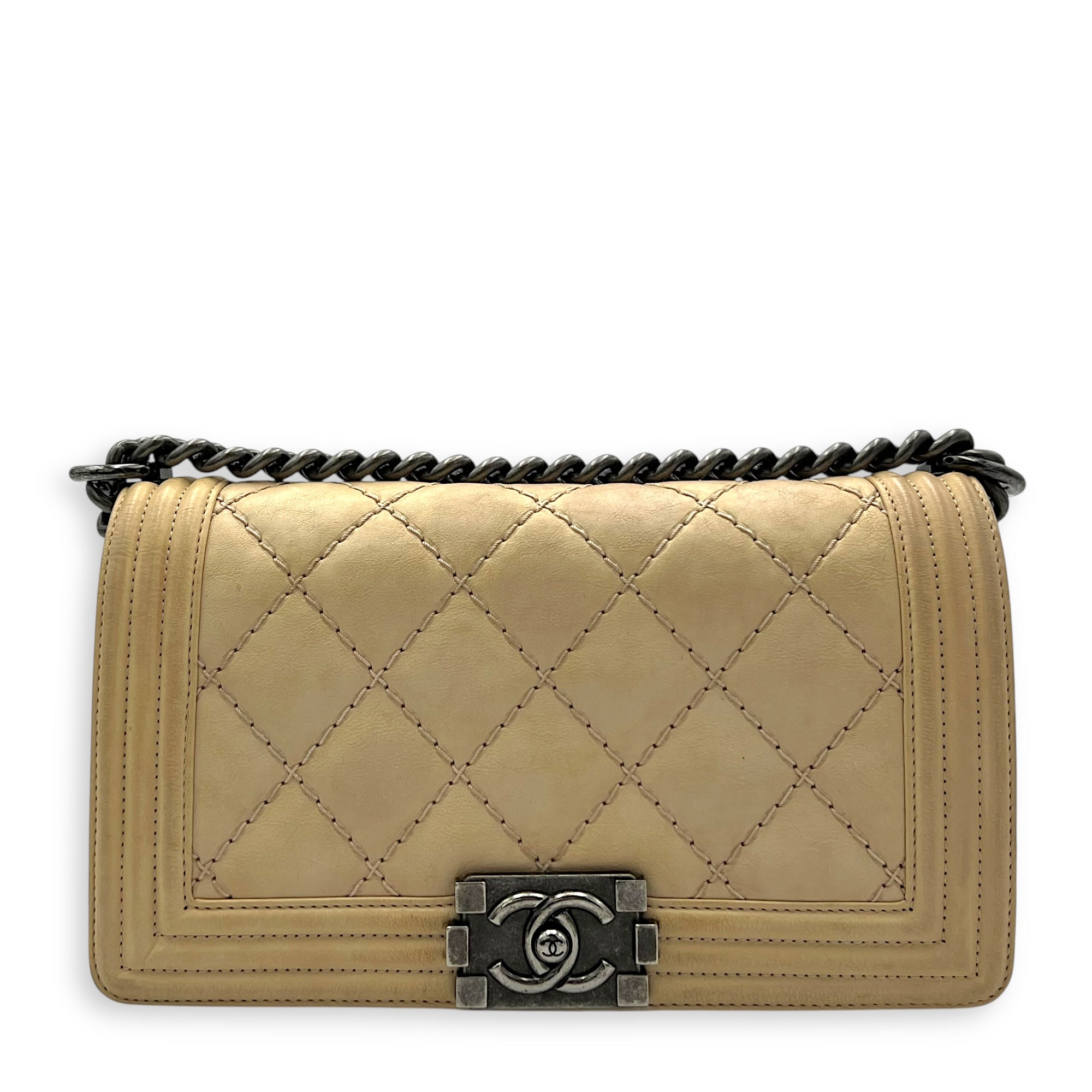 Chanel Boy Crossbody Bag Medium Beige in Calfskin, Silver hardware_1