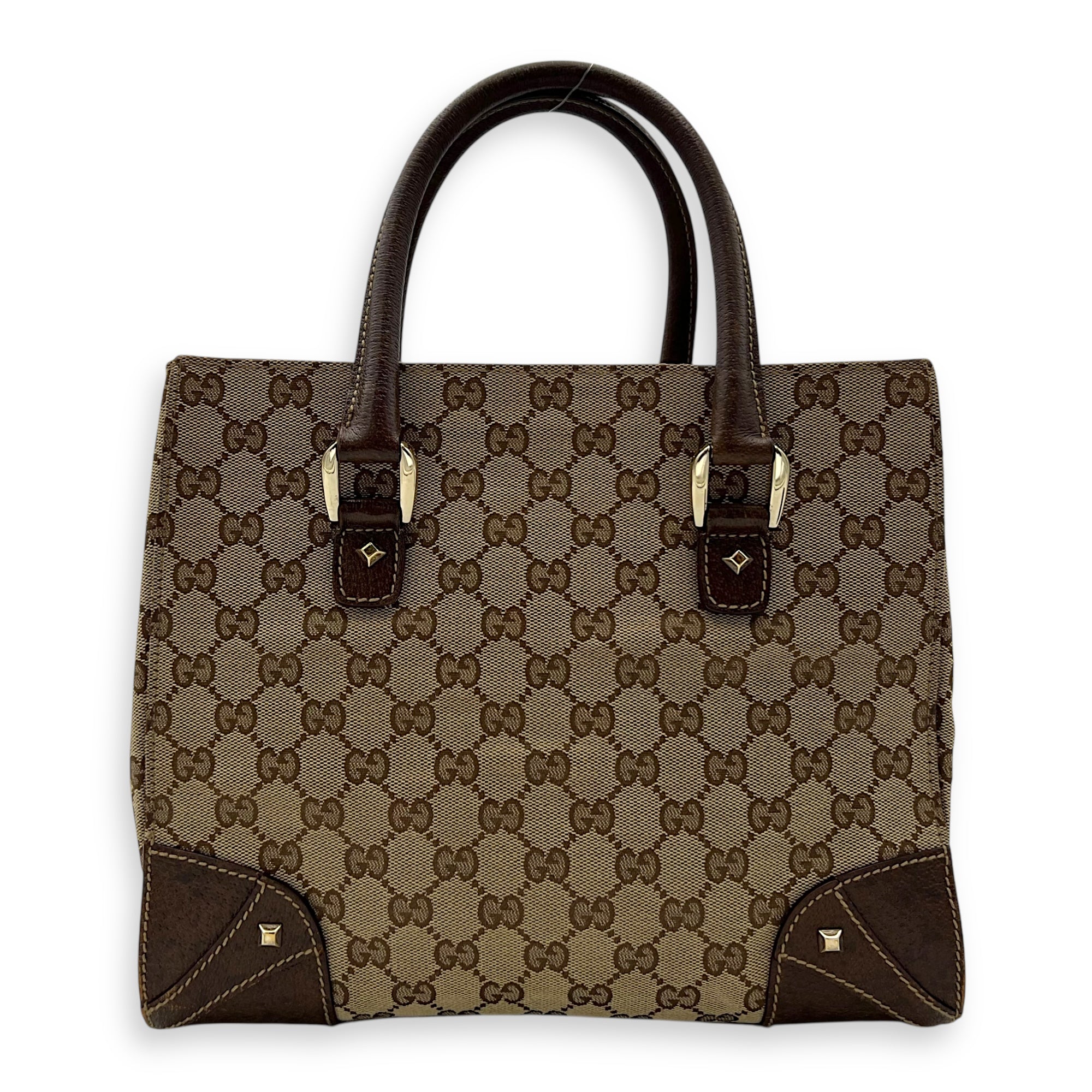 Gucci Nailhead Brown Top Handle Bag in Canvas, Gold hardware_1