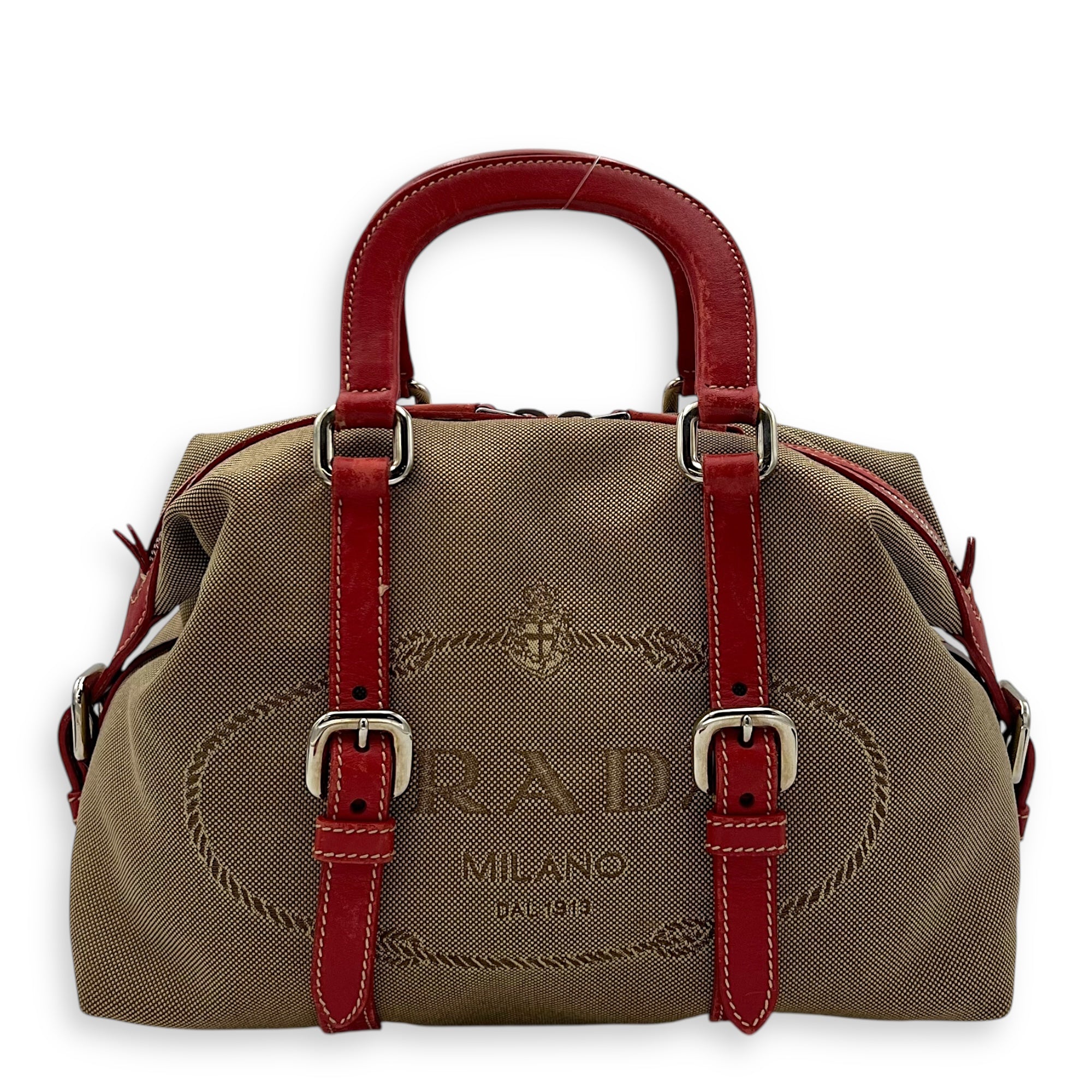 Prada Logo Top Handle Bag Brown in Canvas, Silver hardware_1