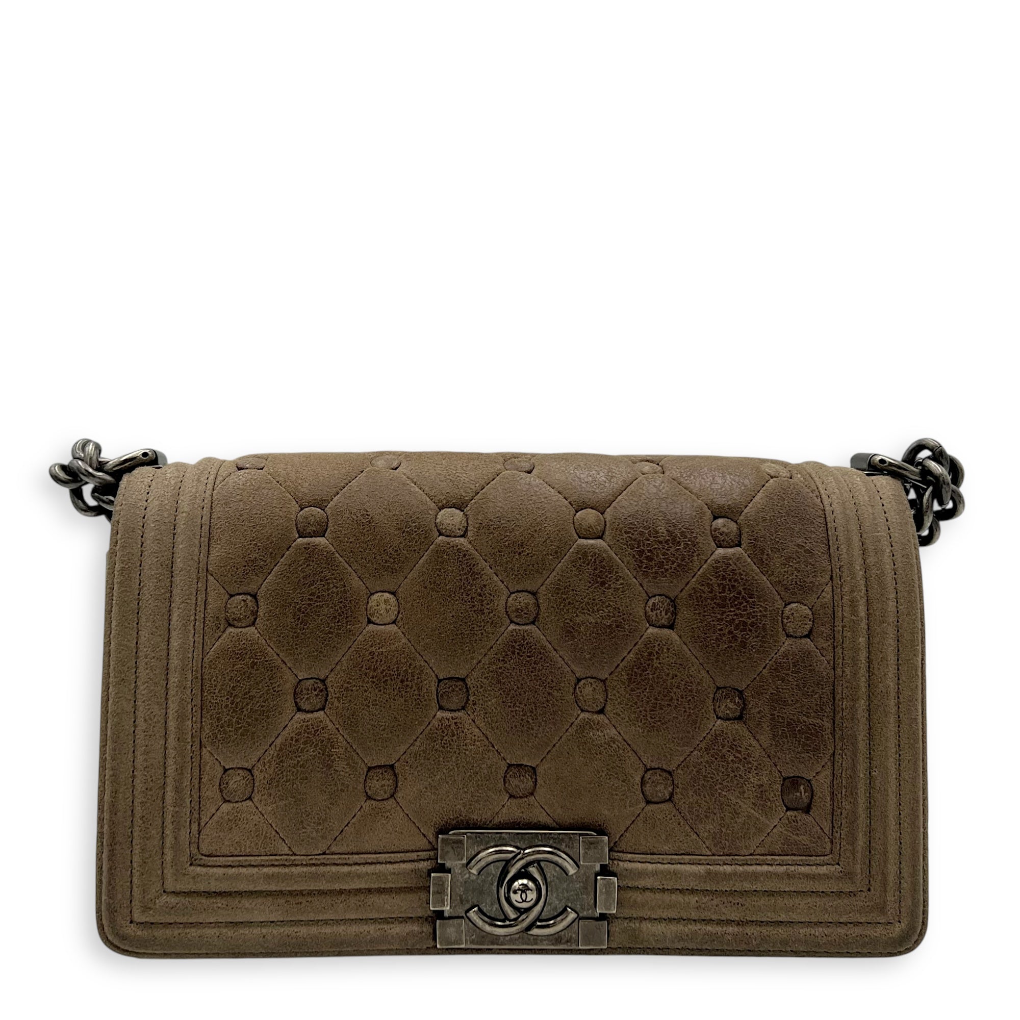 Chanel Boy Shoulder Bag Brown in Suede Leather, Ruthenium hardware_1
