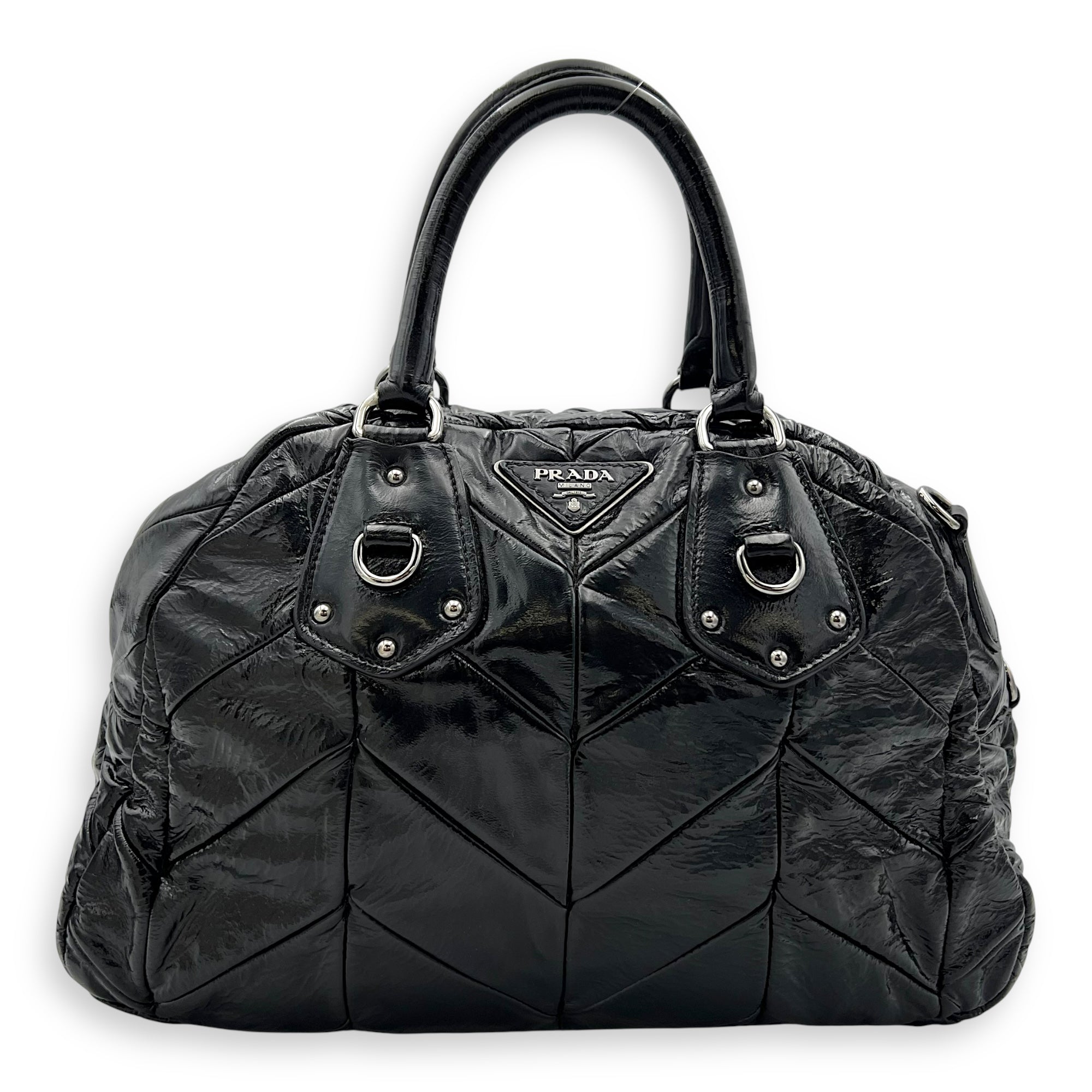 Prada Quilted Top Handle Bag Black in Glazed Calfskin, Silver hardware_1