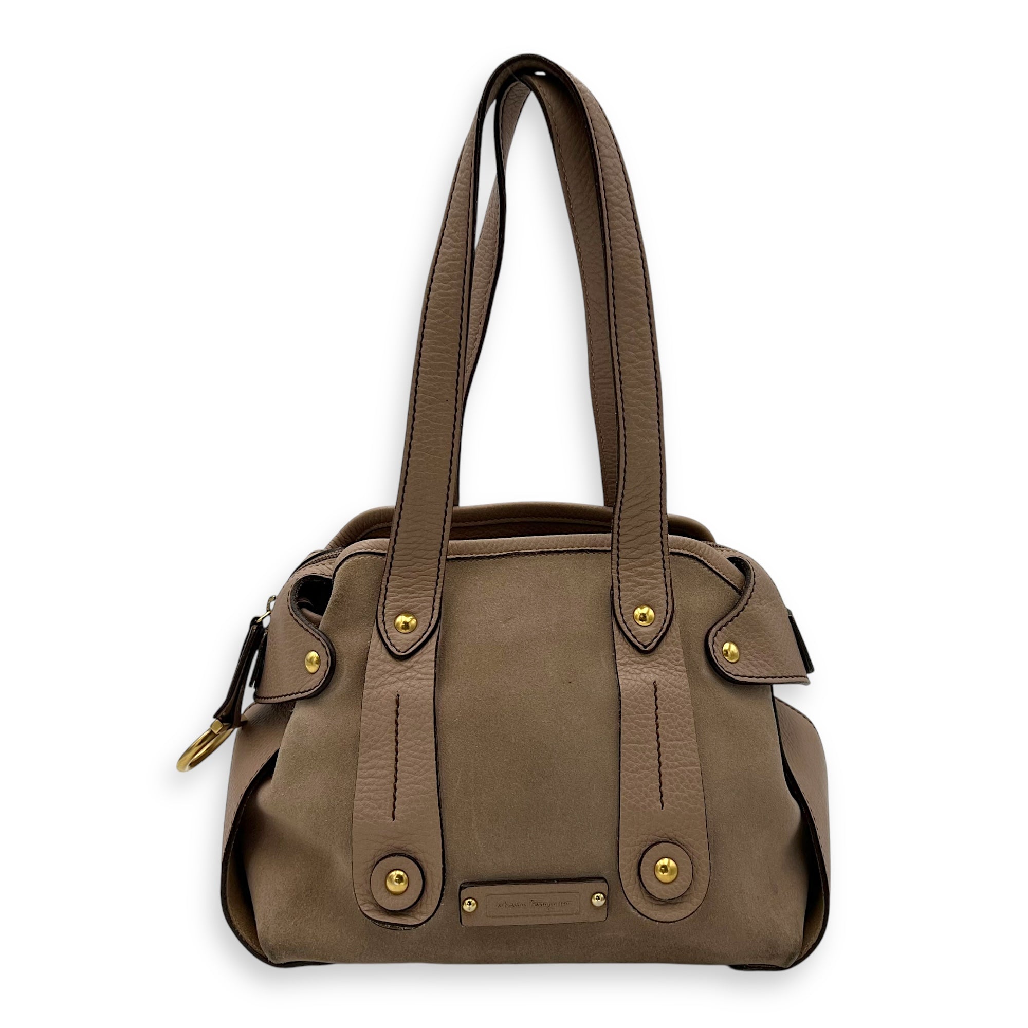 Salvatore Ferragamo Gancini Shoulder Bag Beige in Suede Leather, Gold hardware_1