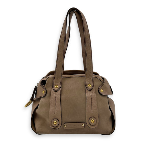 Salvatore Ferragamo Gancini Shoulder Bag Beige in Suede Leather, Gold hardware_1