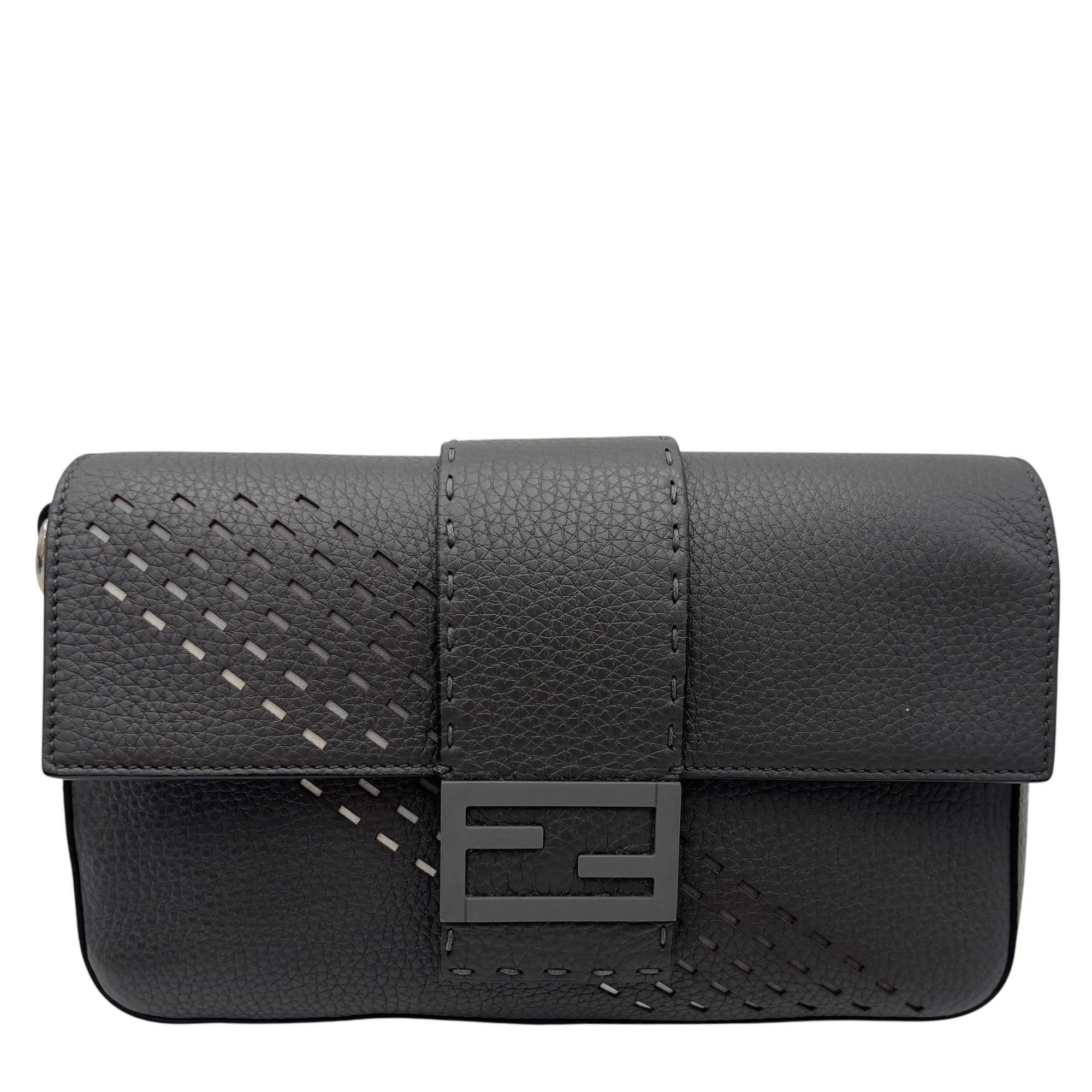 Fendi Baguette Crossbody Bag Small Grey in Calfskin, Silver hardware_1