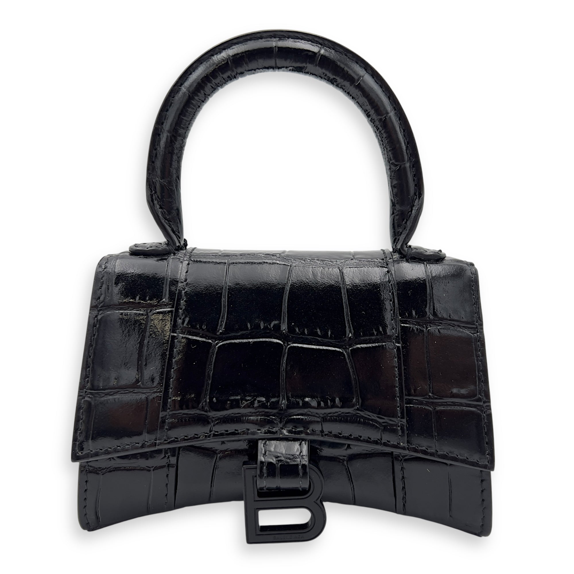 Balenciaga Hourglass Mini Black Top Handle Bag in Crocodile Embossed Calfskin, Lacquered Metal hardware_1