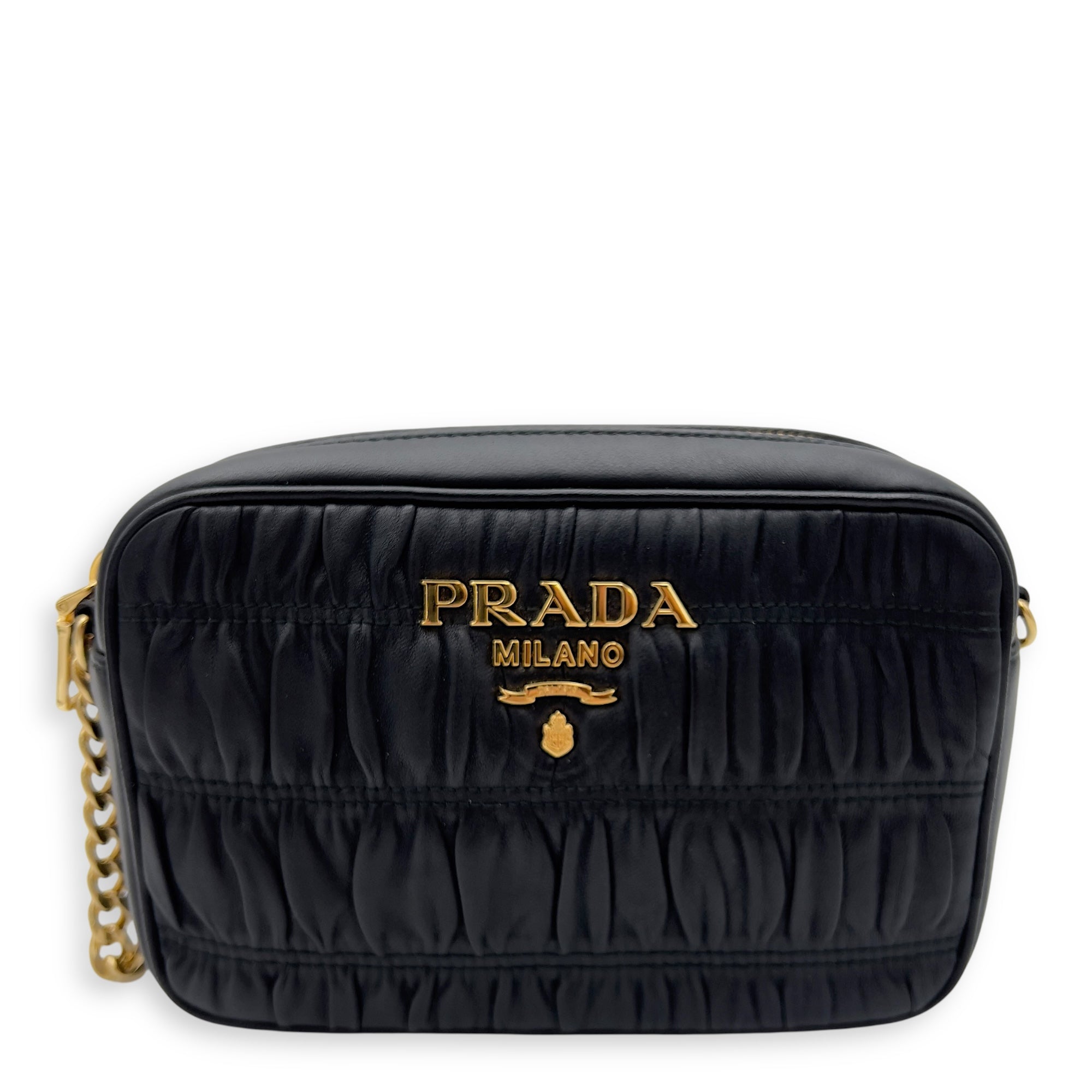 Prada Gaufre Camera Black Crossbody Bag in Lambskin, Gold hardware_1