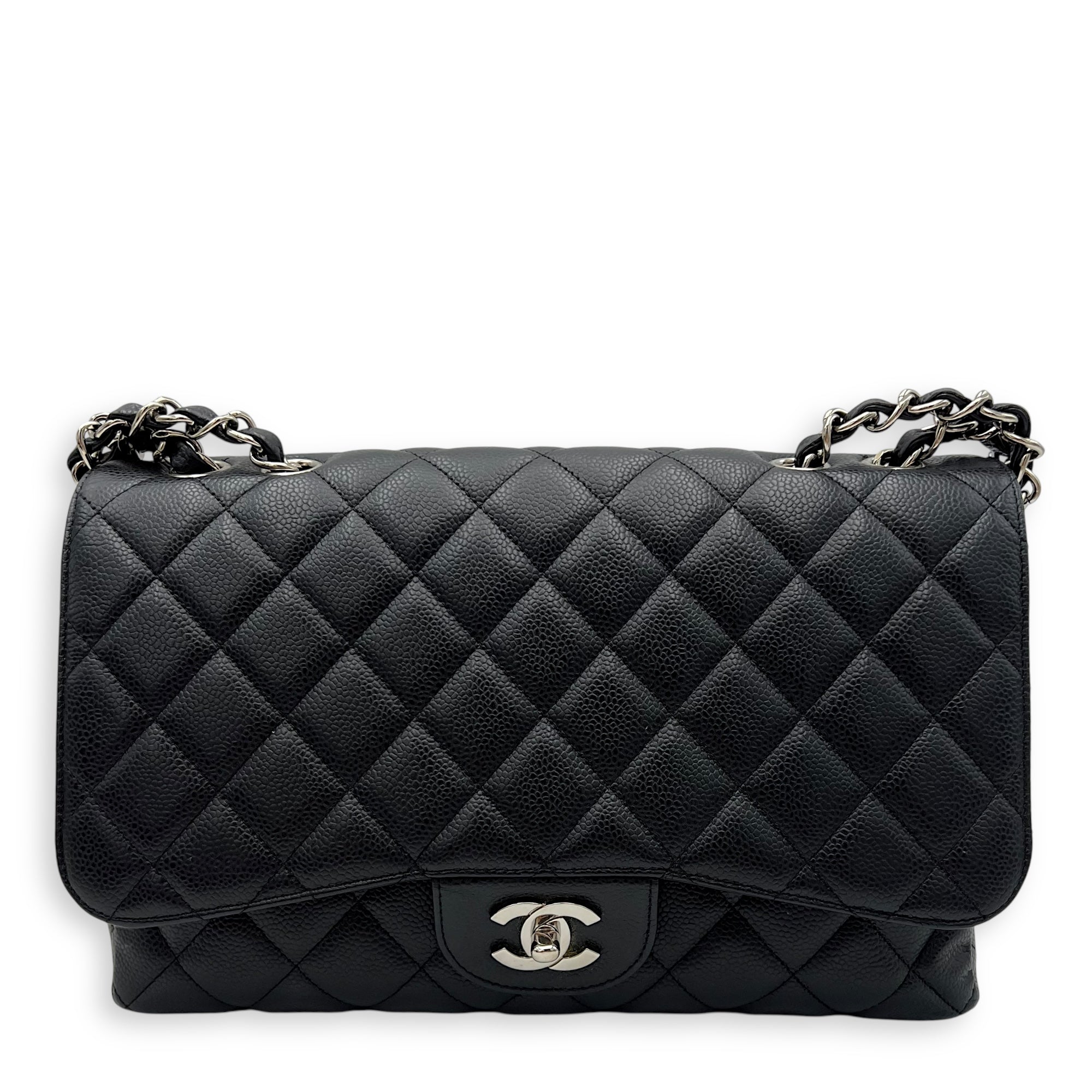 Chanel Classic Shoulder Bag Jumbo Black in Caviar Leather, Silver hardware_1