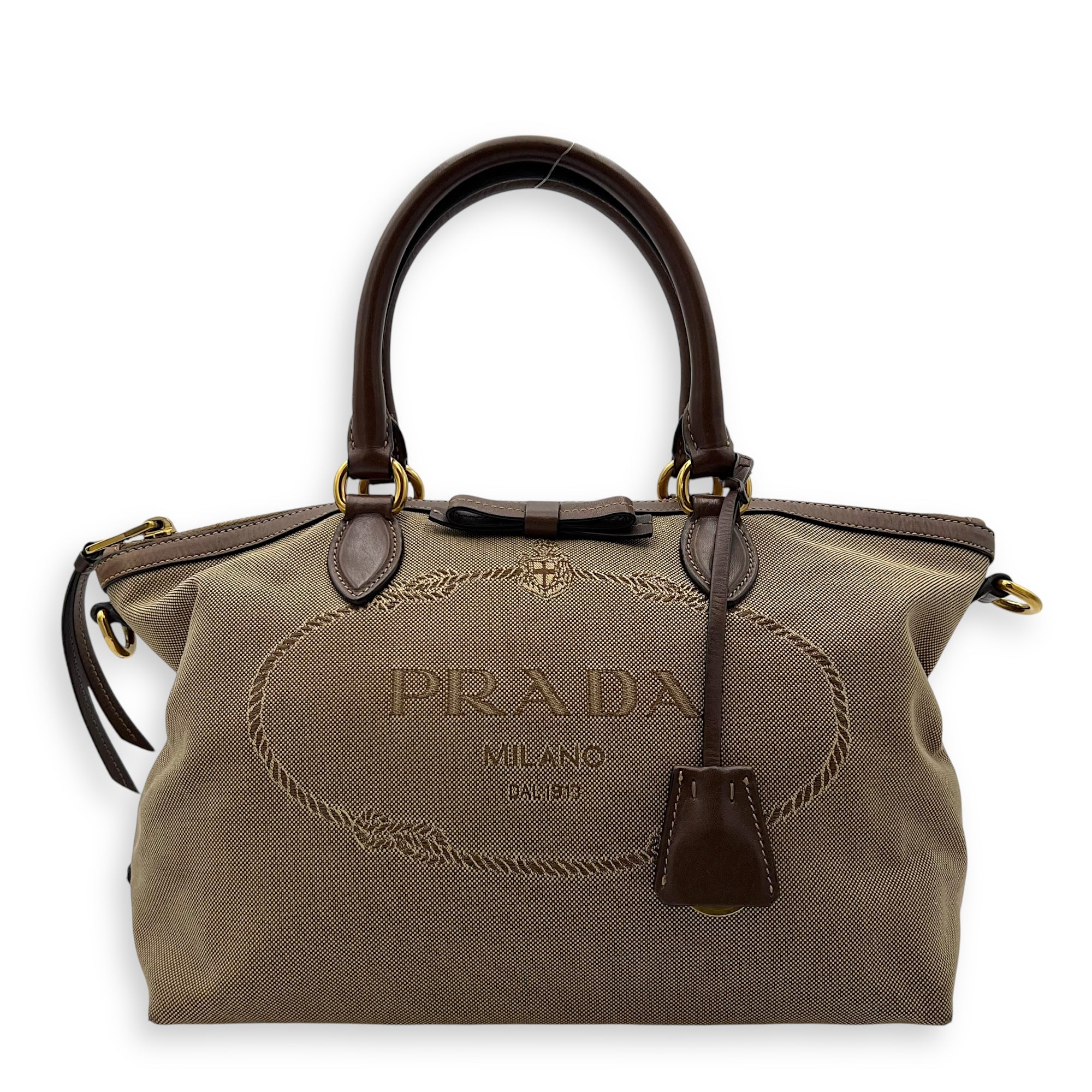 Prada Logo Small Brown Top Handle Bag in Canvas, Gold hardware_1