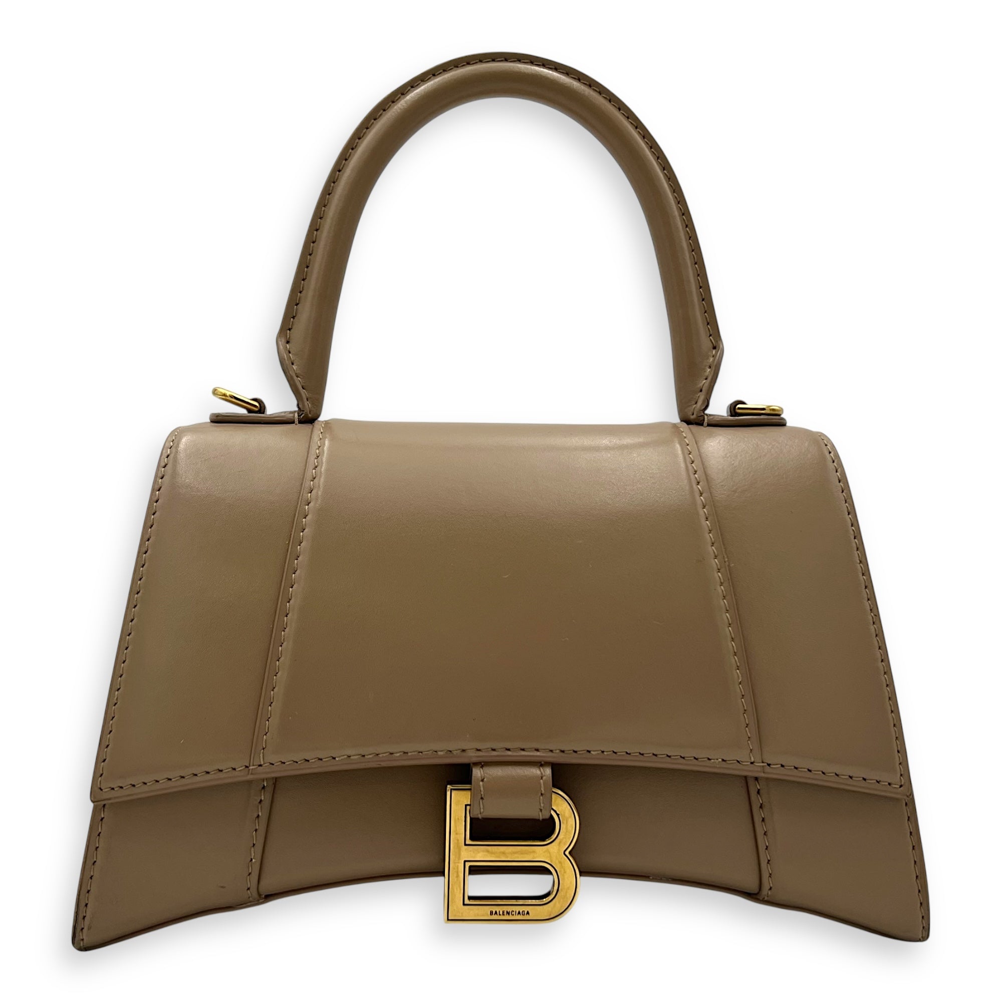 Balenciaga Hourglass Small Beige Top Handle Bag in Calfskin, Gold hardware_1