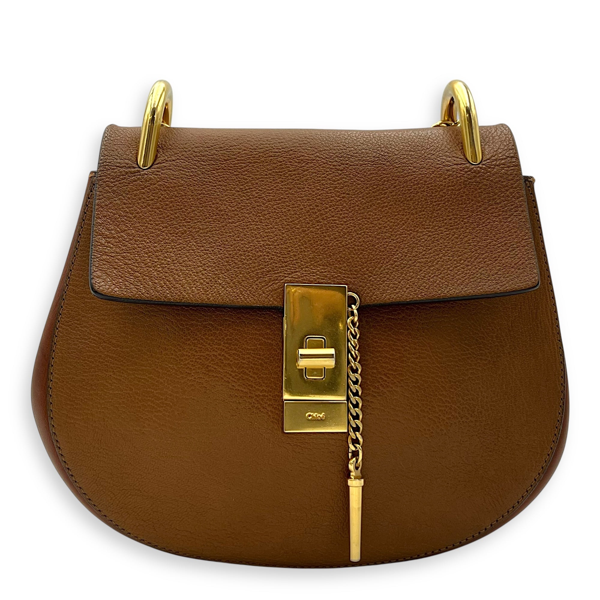 Chloé Drew Shoulder Bag Brown in Calfskin, Gold hardware_1