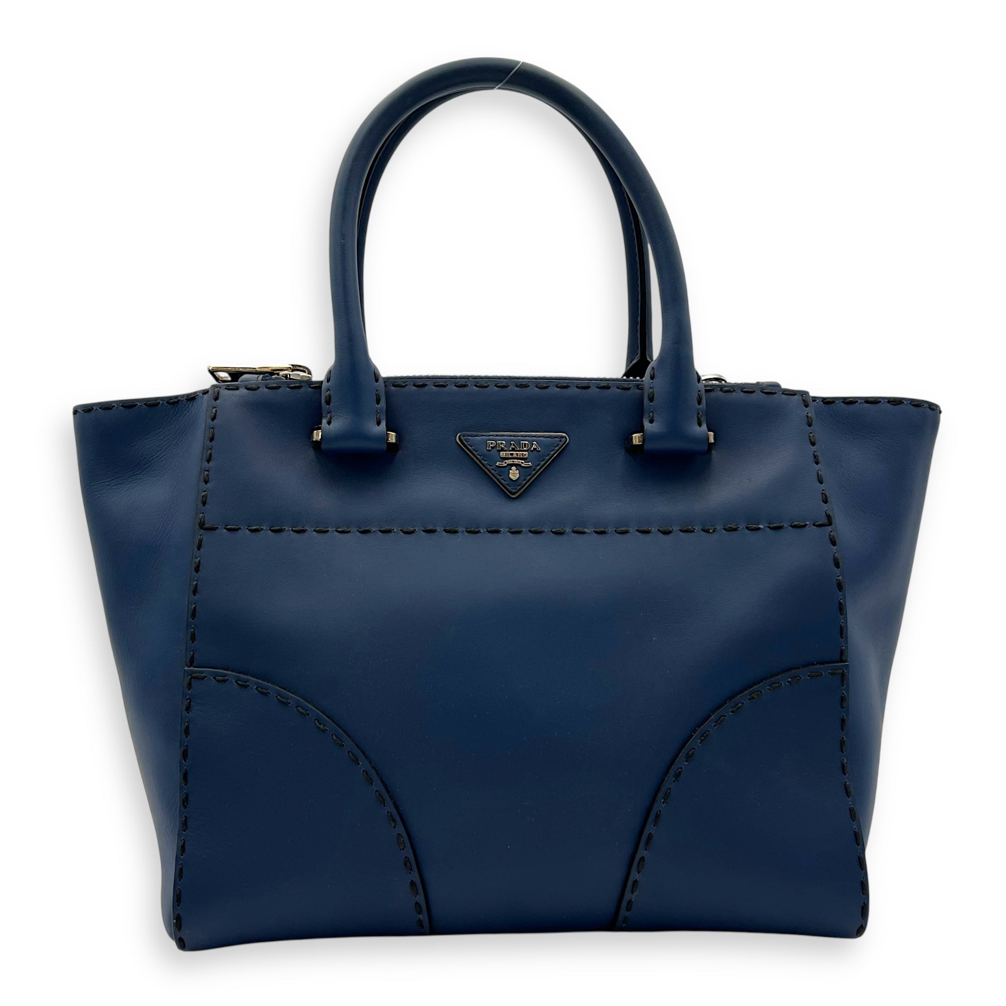 Prada Logo Top Handle Bag Blue in Calfskin, Gold hardware_1