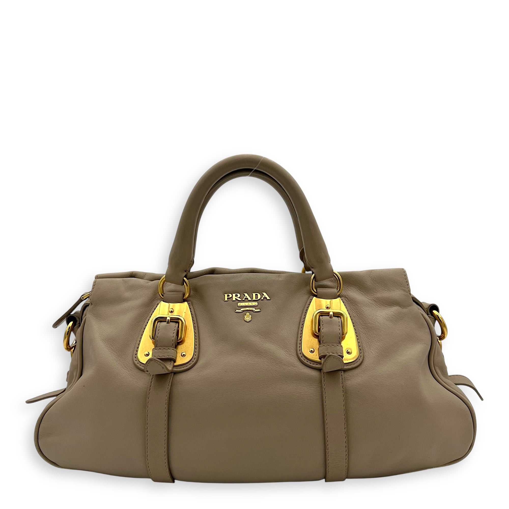 Prada Logo Top Handle Bag Beige in Calfskin, Gold hardware_1