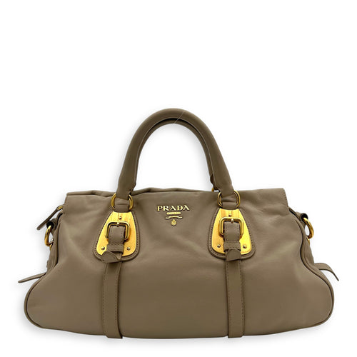Prada Logo Top Handle Bag Beige in Calfskin, Gold hardware_1