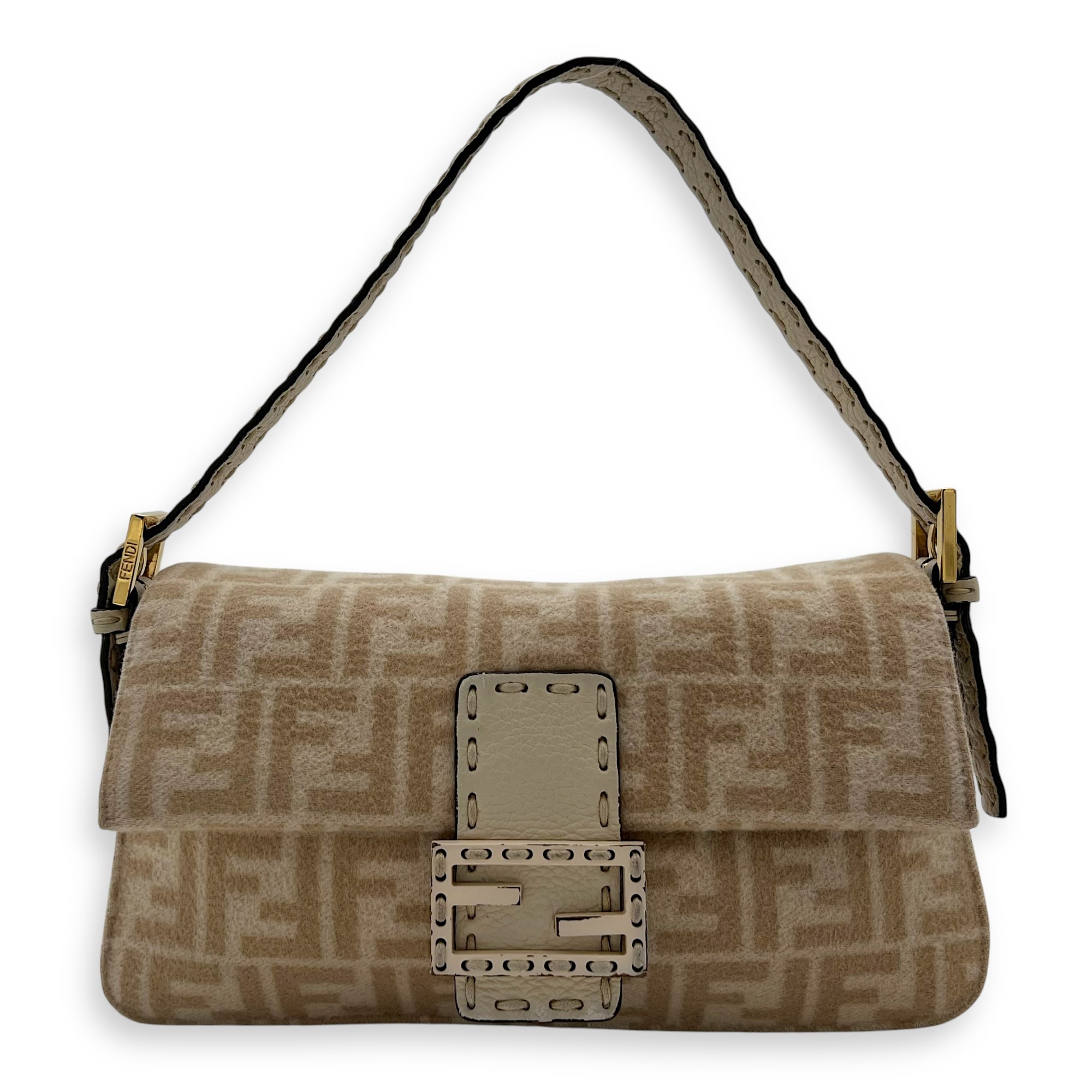 Fendi Seleria baguette Top Handle Bag Small Beige in Fabric, Gold hardware_1