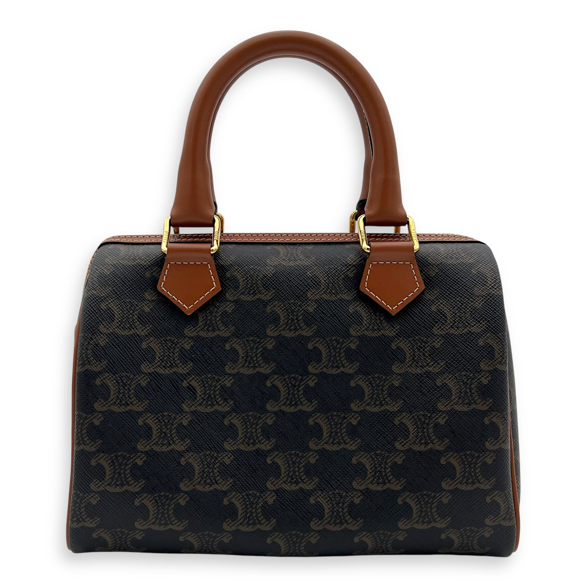 Celine Triomphe Boston Brown Top Handle Bag in Coated Canvas, Gold hardware_1