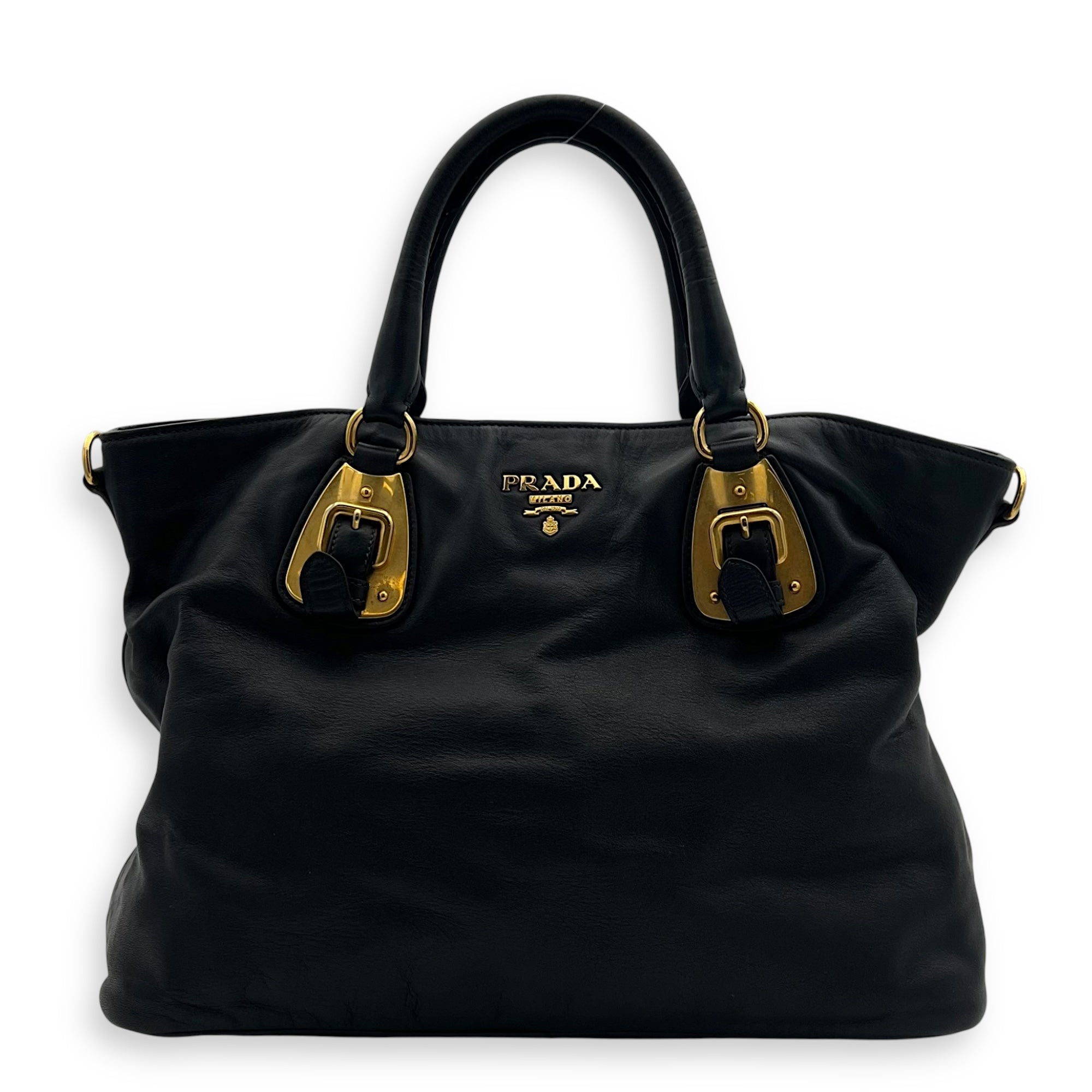 Prada Logo Top Handle Bag Black in Calfskin, Gold hardware_1