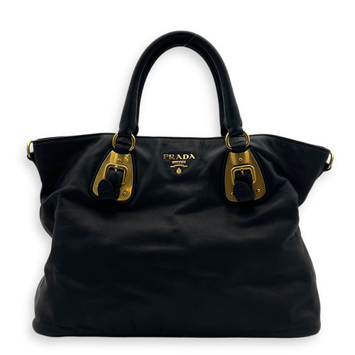 Prada Logo Top Handle Bag Black in Calfskin, Gold hardware_1
