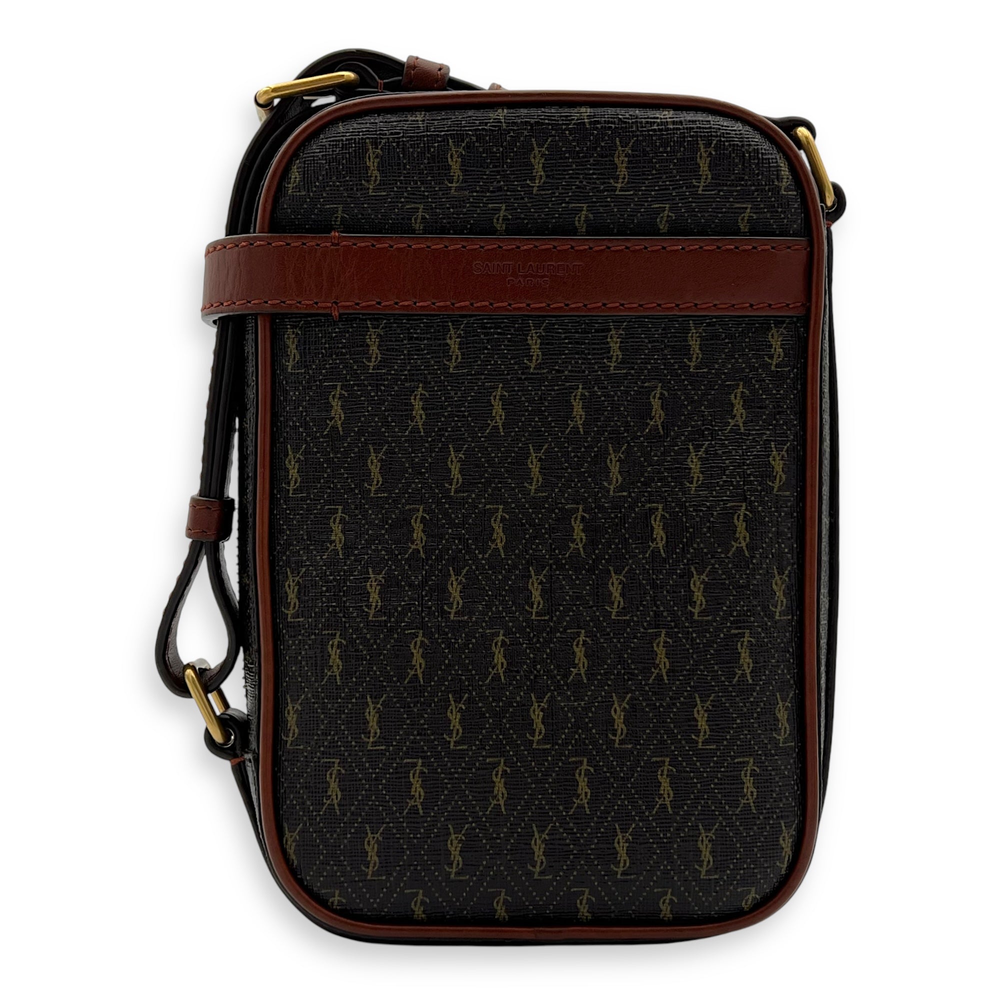 Saint Laurent Logo Crossbody Bag Brown in Coated Canvas, Gold hardware_1