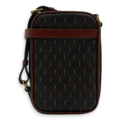 Saint Laurent Logo Crossbody Bag Brown in Coated Canvas, Gold hardware_1