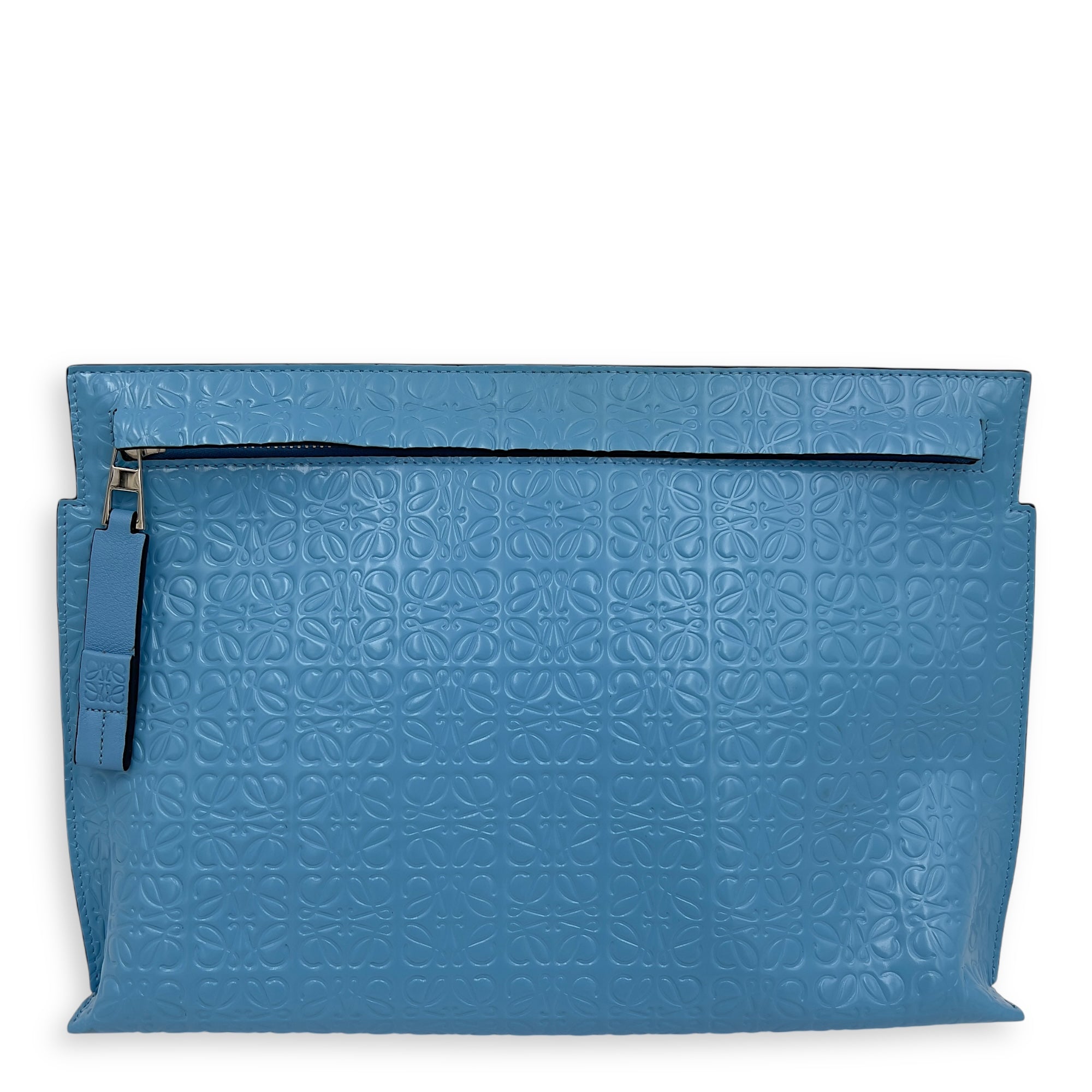 Loewe Anagram T Blue Pouch in Patent Embossed Calfskin, Silver hardware_1