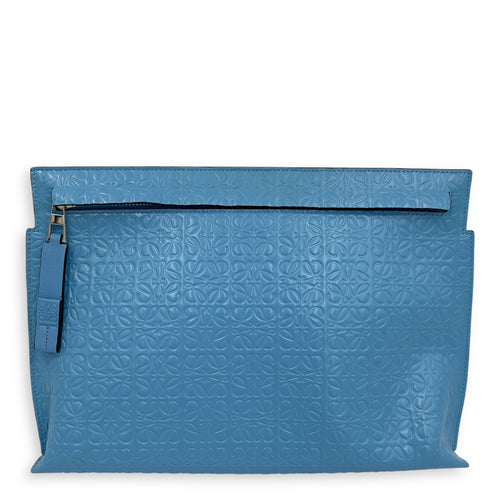 Loewe Anagram T Blue Pouch in Patent Embossed Calfskin, Silver hardware_1