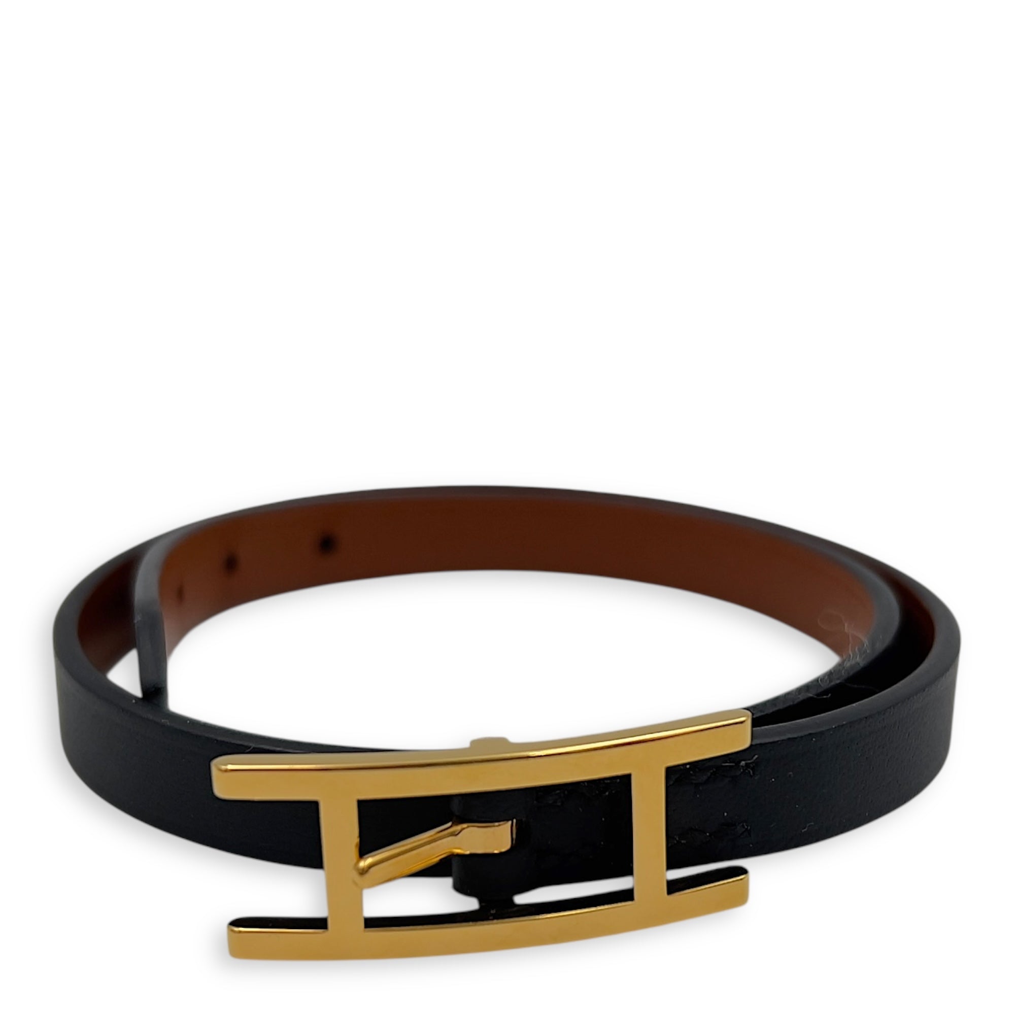 Hermès Behapi Double Tour T2 Black Bracelet in Calfskin, Gold hardware_1